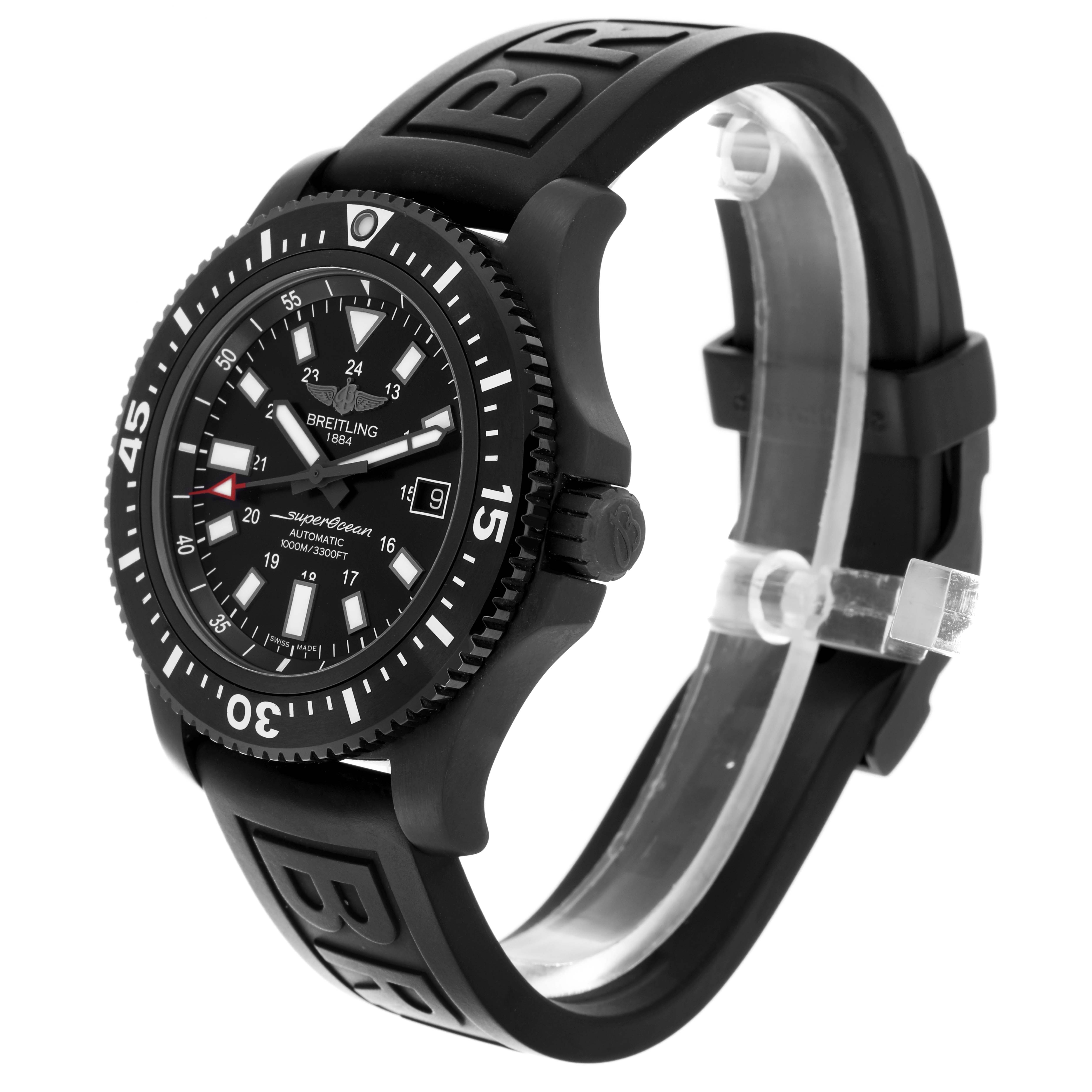 The Breitling Superocean M17393 Men's Stainless Steel Black Dial M17393 Men's Stainless Steel Black Dial watch is shown at a three-quarter angle, highlighting the face, bezel, crown, and strap.