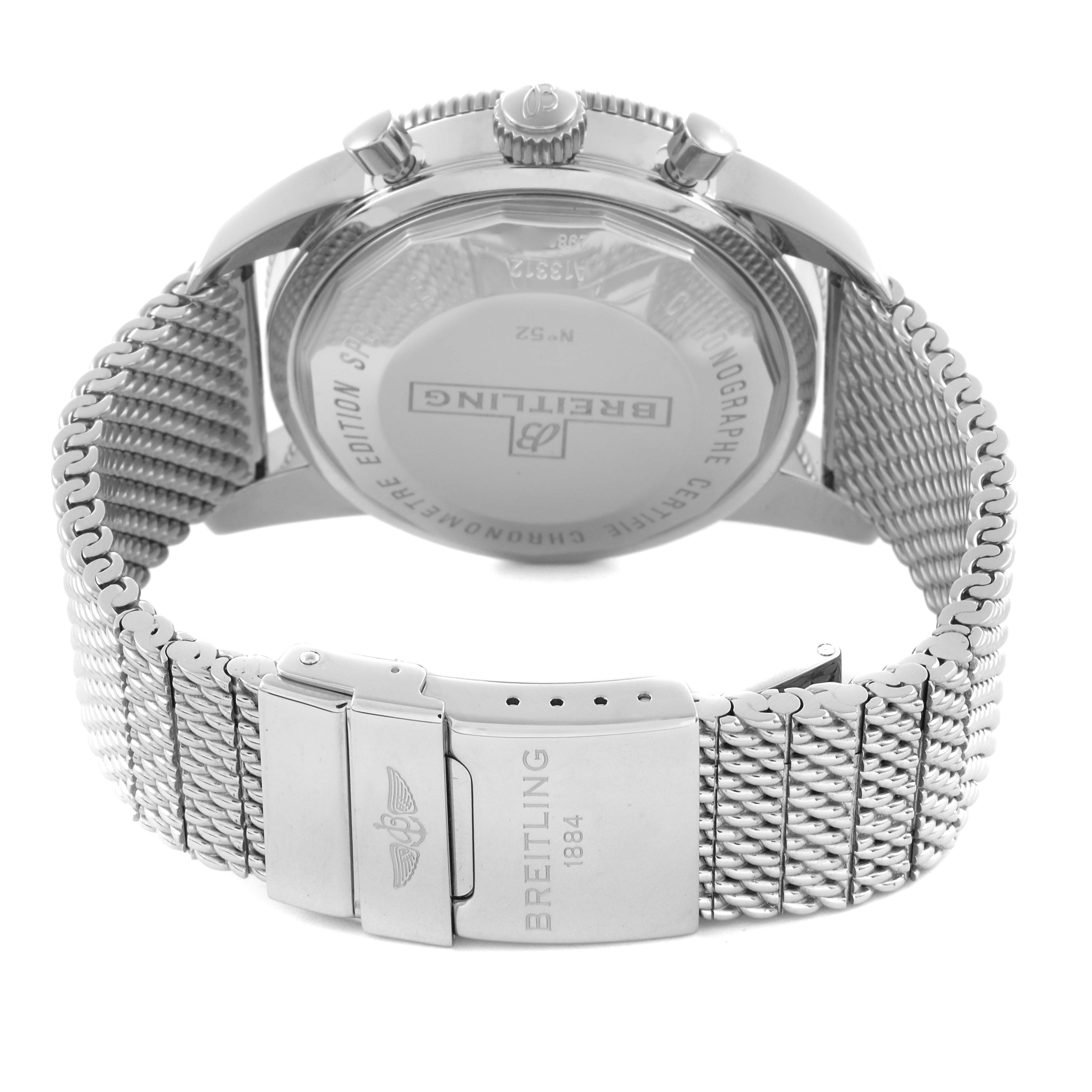 The Breitling Superocean A13312 Men's Stainless Steel Green Dial A13312 Men's Stainless Steel Green Dial is shown from the back, highlighting the case back, crown, pushers, and metal bracelet clasp.