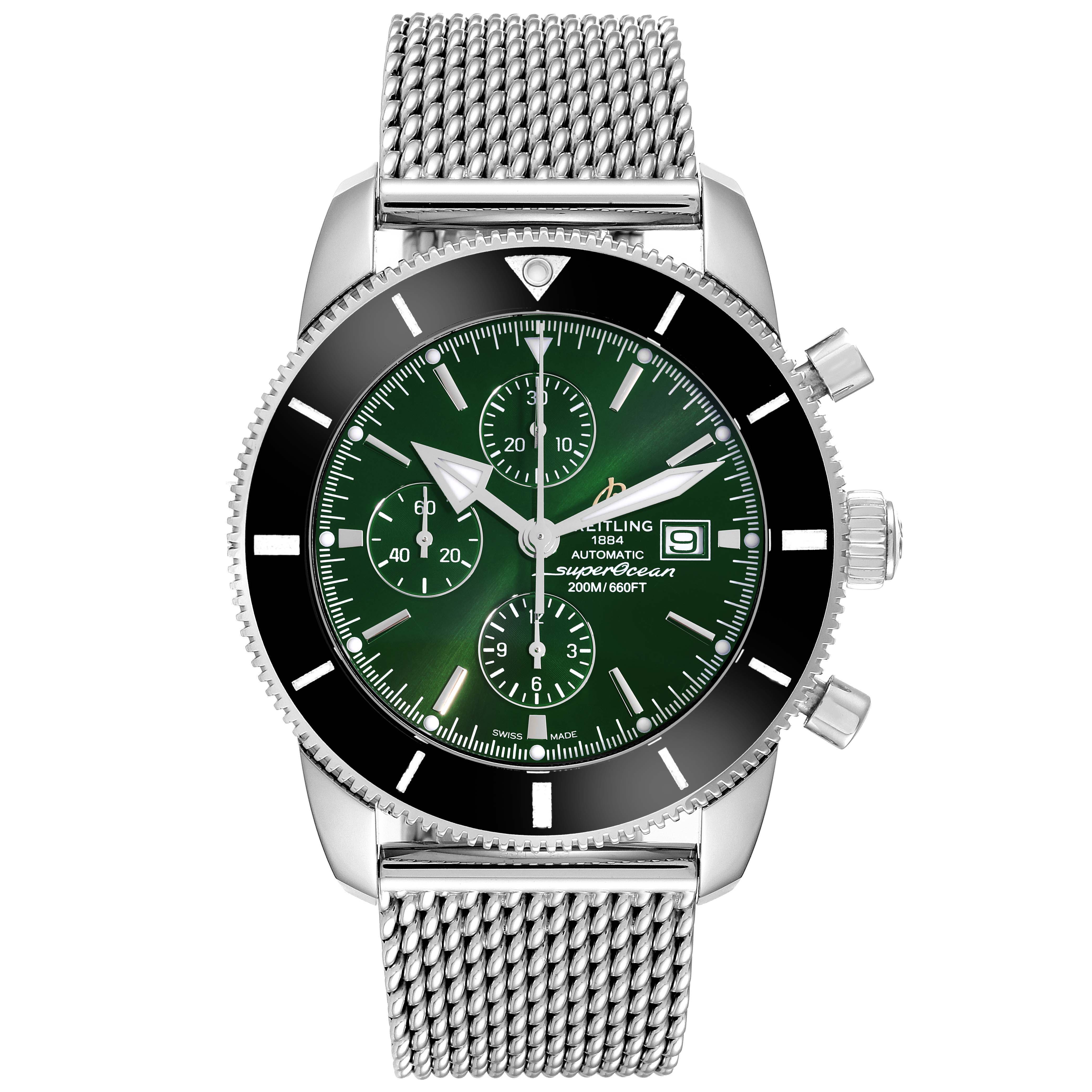 The Breitling Superocean A13312 Men's Stainless Steel Green Dial A13312 Men's Stainless Steel Green Dial watch is shown from a top view, highlighting the dial, bezel, and mesh bracelet.