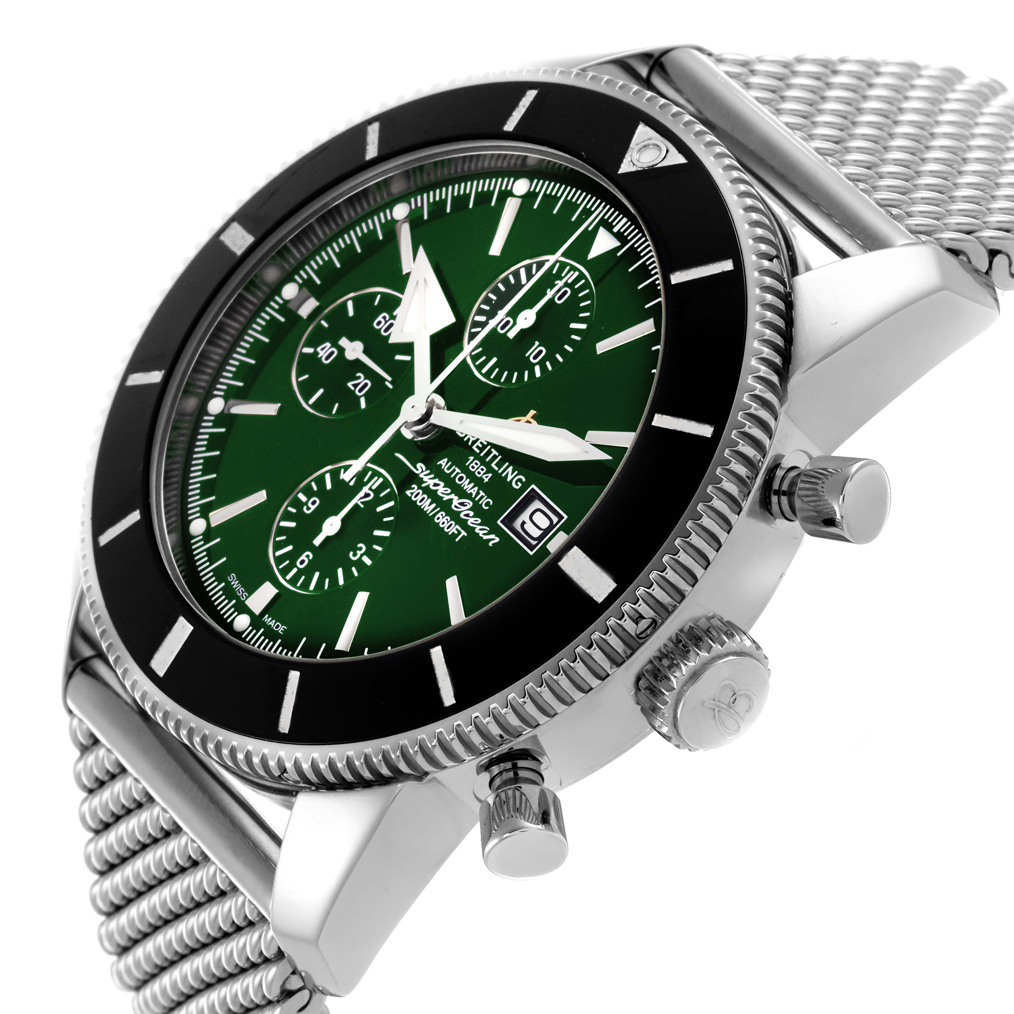 The Breitling Superocean A13312 Men's Stainless Steel Green Dial A13312 Men's Stainless Steel Green Dial watch is shown at an angled close-up, highlighting the bezel, dial, chronograph subdials, and crown.