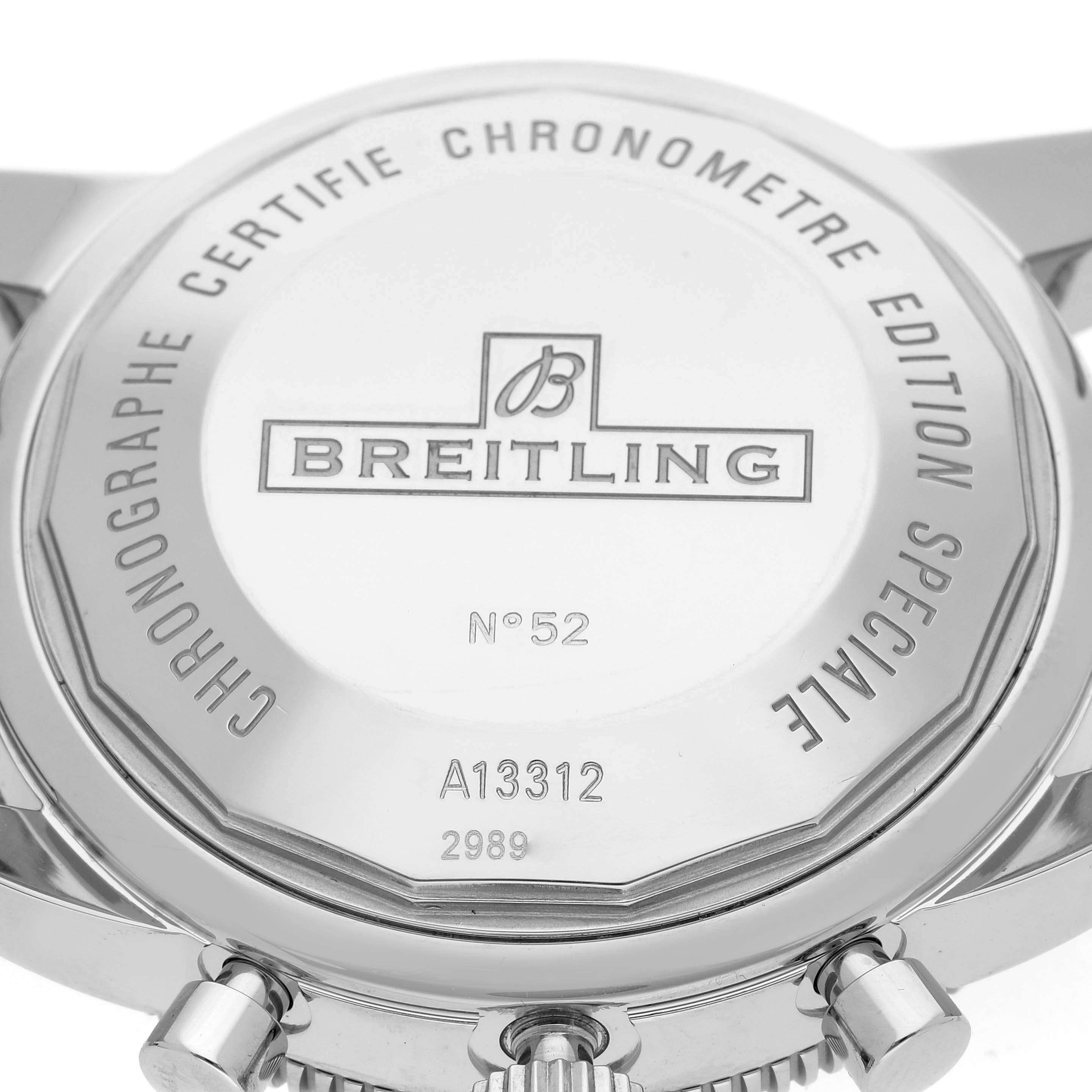 The image shows the back case of a Breitling Superocean A13312 Men's Stainless Steel Green Dial A13312 Men's Stainless Steel Green Dial, displaying model details and engravings.
