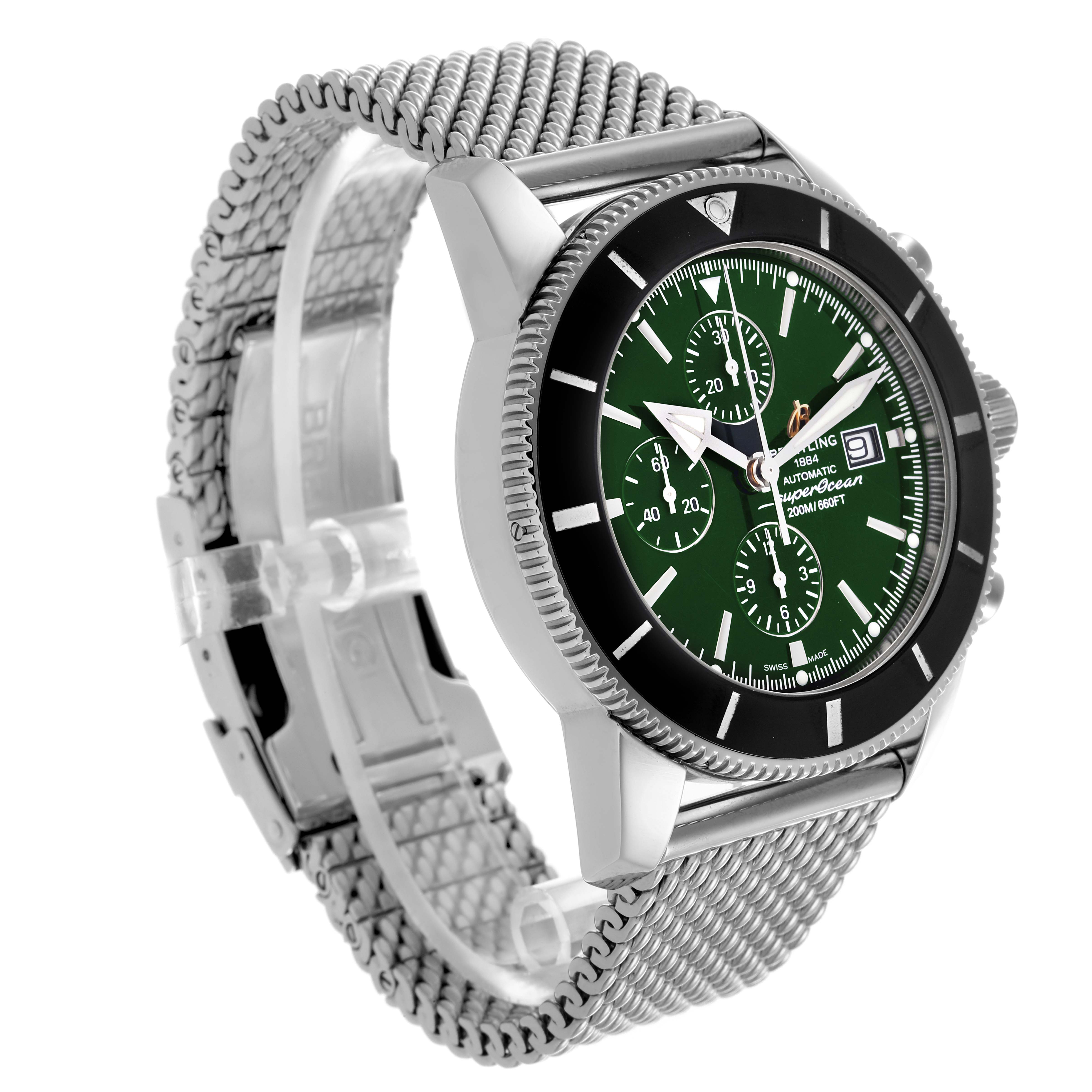 The Breitling Superocean A13312 Men's Stainless Steel Green Dial A13312 Men's Stainless Steel Green Dial watch is shown at a three-quarter angle, highlighting the green dial, bezel, and mesh bracelet.