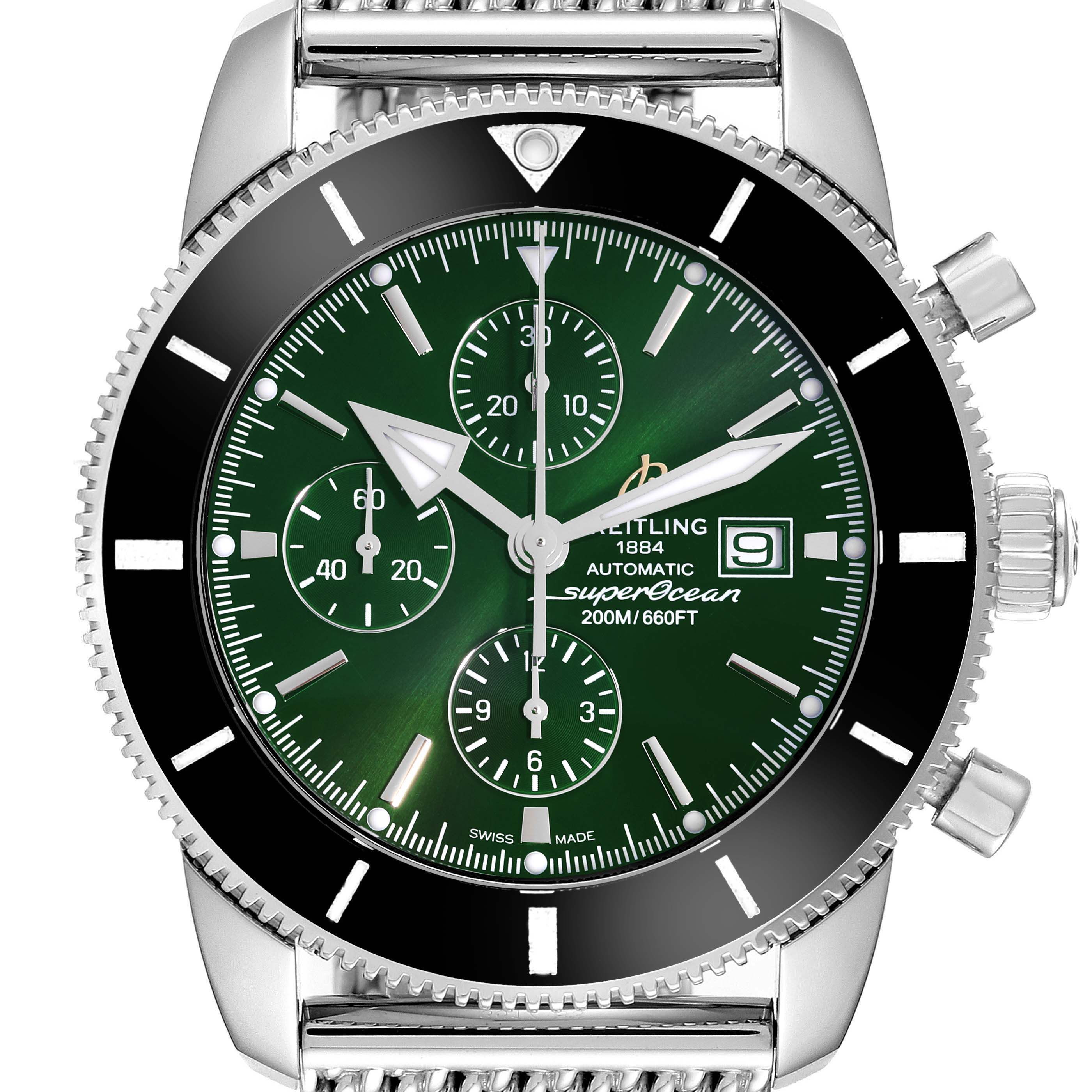 The Breitling Superocean A13312 Men's Stainless Steel Green Dial A13312 Men's Stainless Steel Green Dial watch is shown from the front, displaying the dial, bezel, crown, and part of the bracelet.