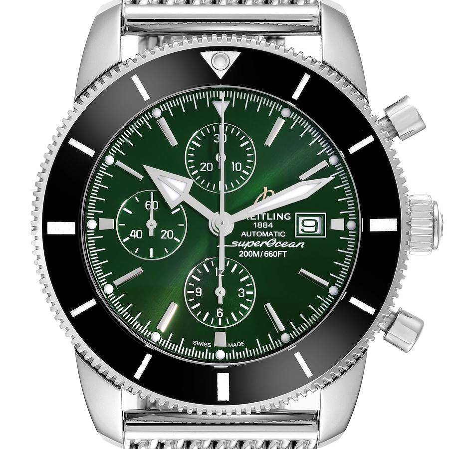 The Breitling Superocean watch is shown from the front, displaying the dial, bezel, crown, and part of the bracelet.