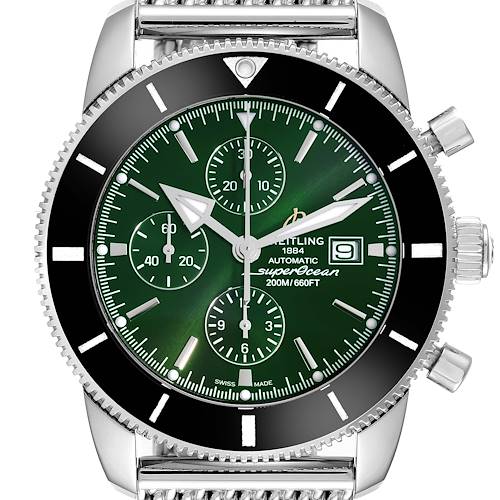 The Breitling Superocean watch is shown from the front, highlighting the green dial, bezel, and chronograph features.