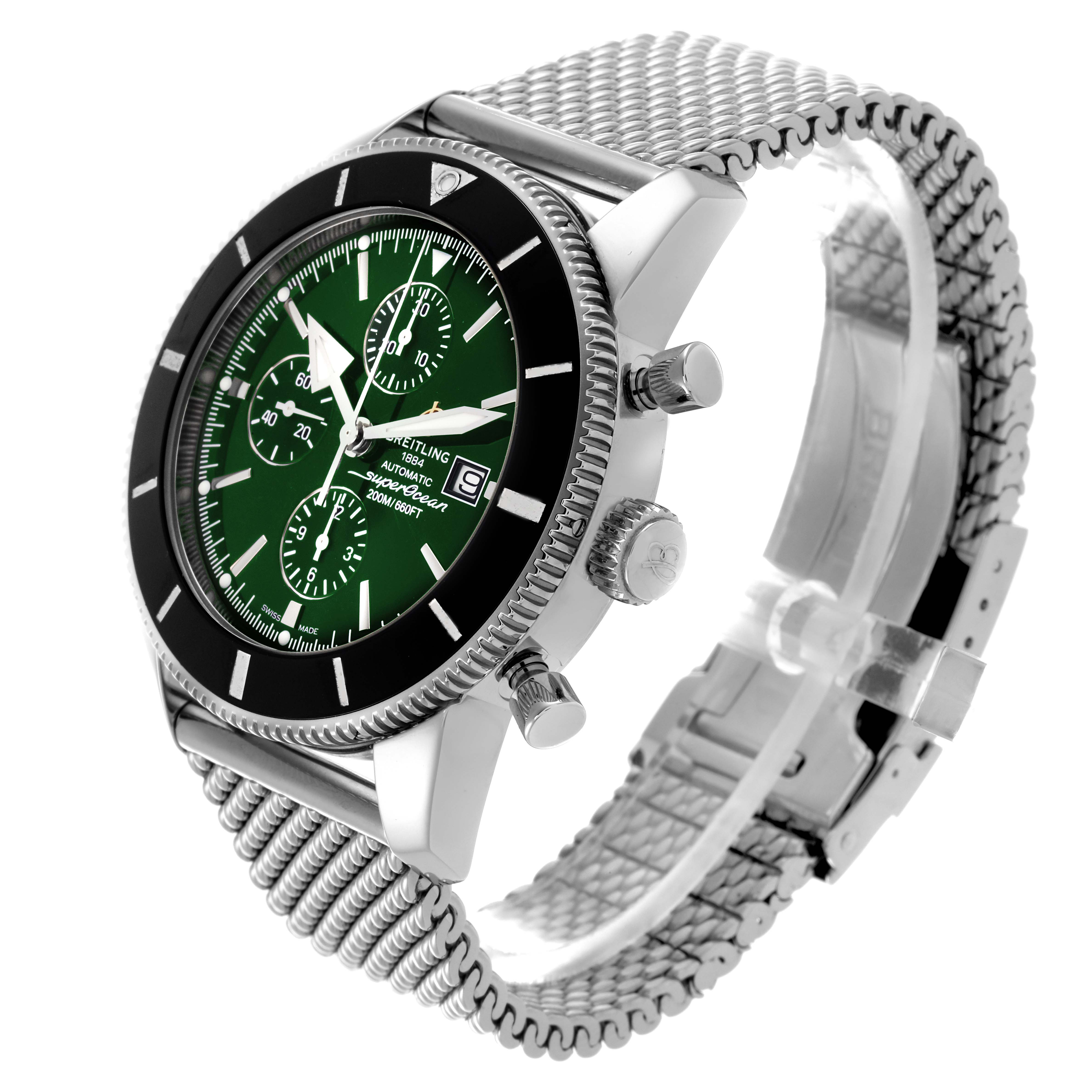 The Breitling Superocean A13312 Men's Stainless Steel Green Dial A13312 Men's Stainless Steel Green Dial watch is shown at a three-quarter angle, highlighting the face, bezel, crown, pushers, and metal bracelet.