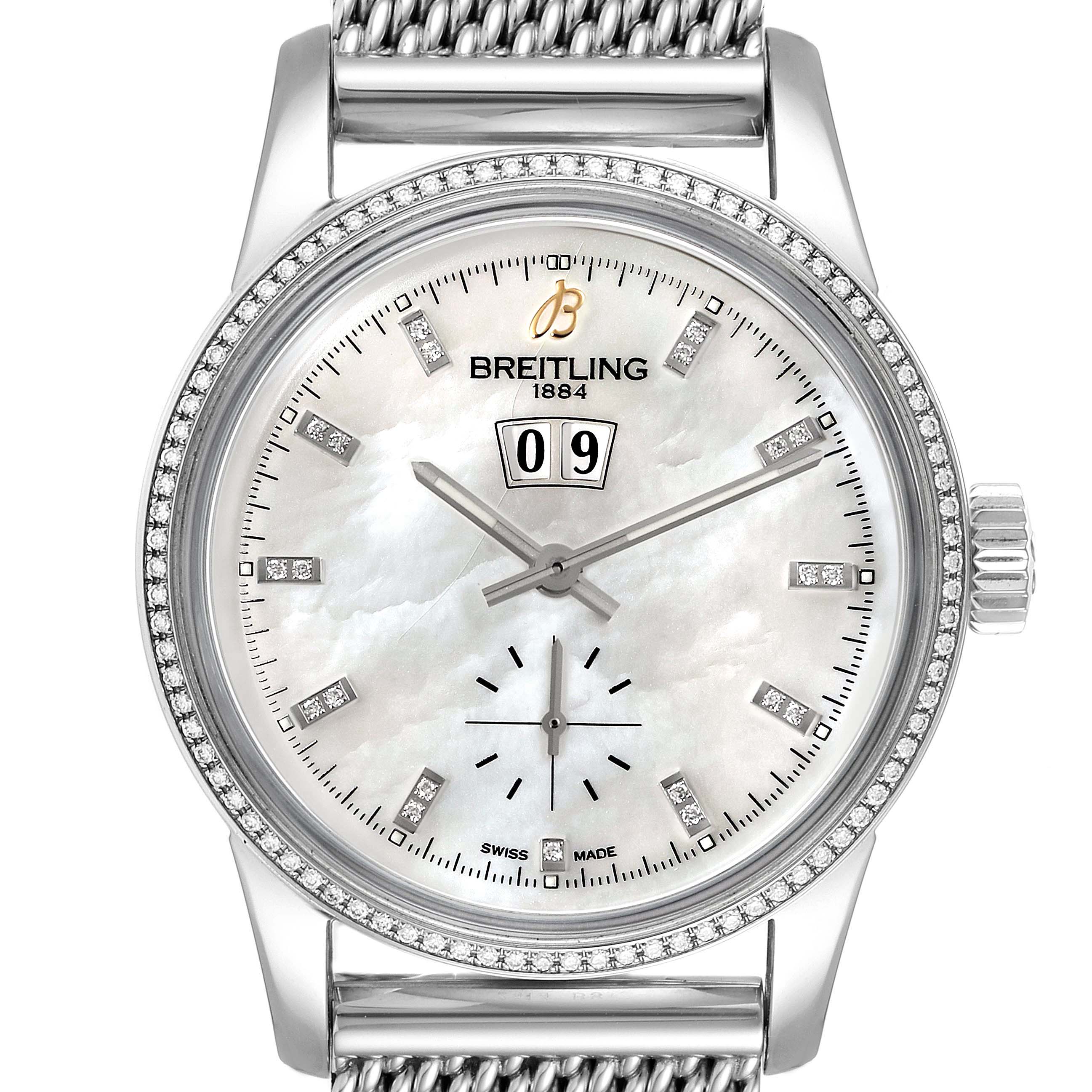 The image shows a front view of a Breitling Transocean A16310 Men's Stainless Steel Mother of Pearl Dial A16310 Men's Stainless Steel Mother of Pearl Dial watch, focusing on its dial, hands, crown, and part of the bracelet.