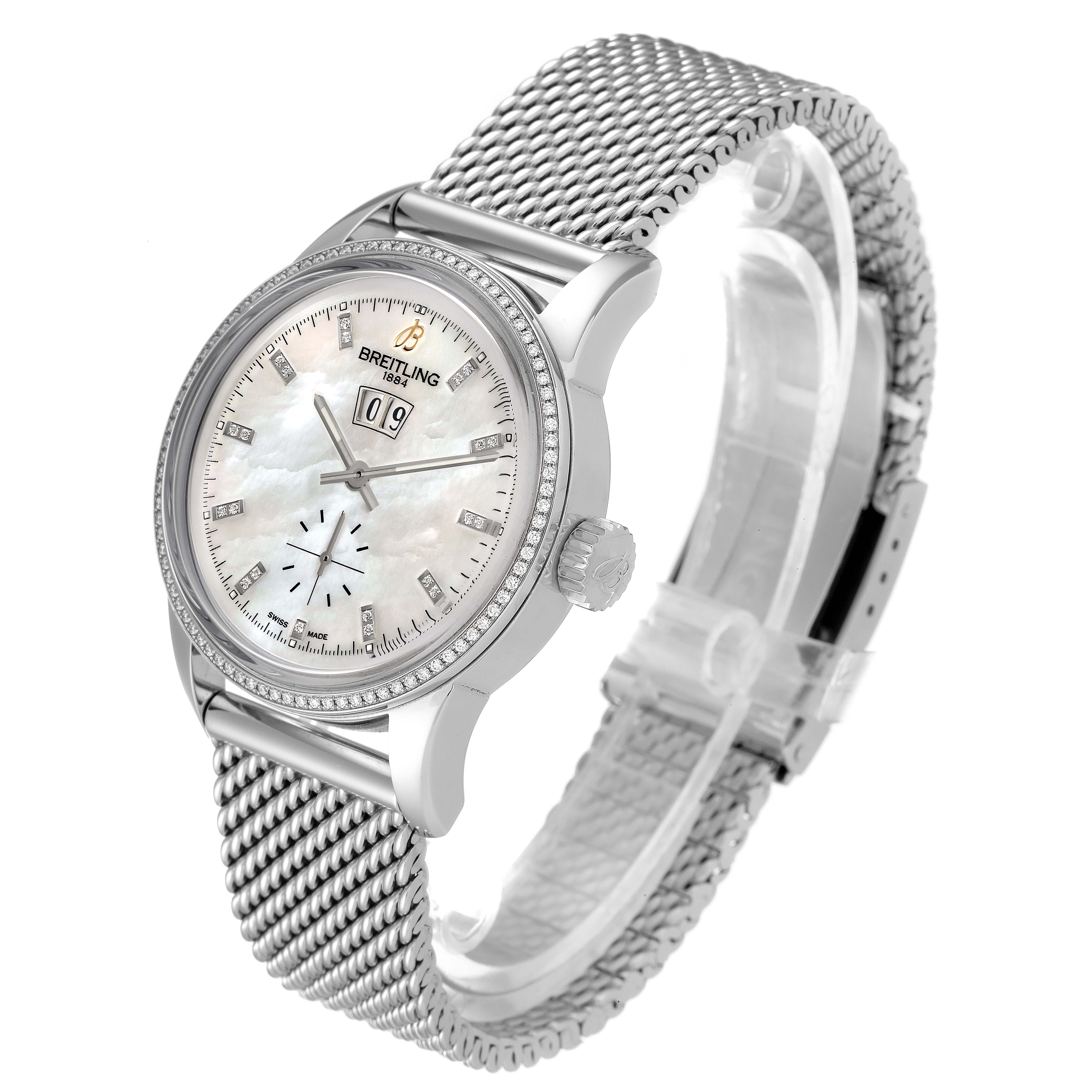 This Breitling Transocean A16310 Men's Stainless Steel Mother of Pearl Dial A16310 Men's Stainless Steel Mother of Pearl Dial watch is shown at an angle displaying the dial, crown, and stainless steel mesh bracelet.