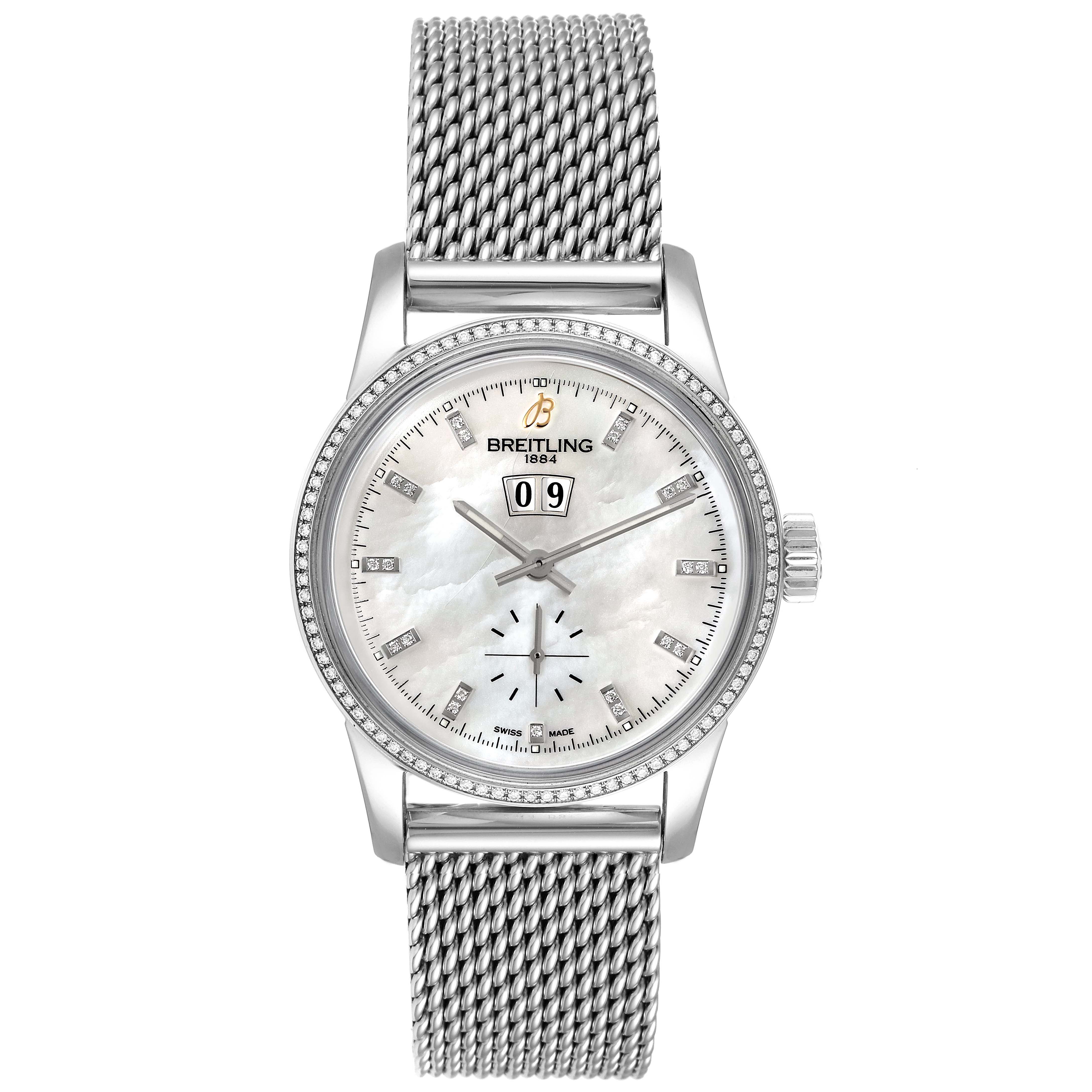 The image shows a front view of the Breitling Transocean A16310 Men's Stainless Steel Mother of Pearl Dial A16310 Men's Stainless Steel Mother of Pearl Dial watch, highlighting the face and metal mesh strap.