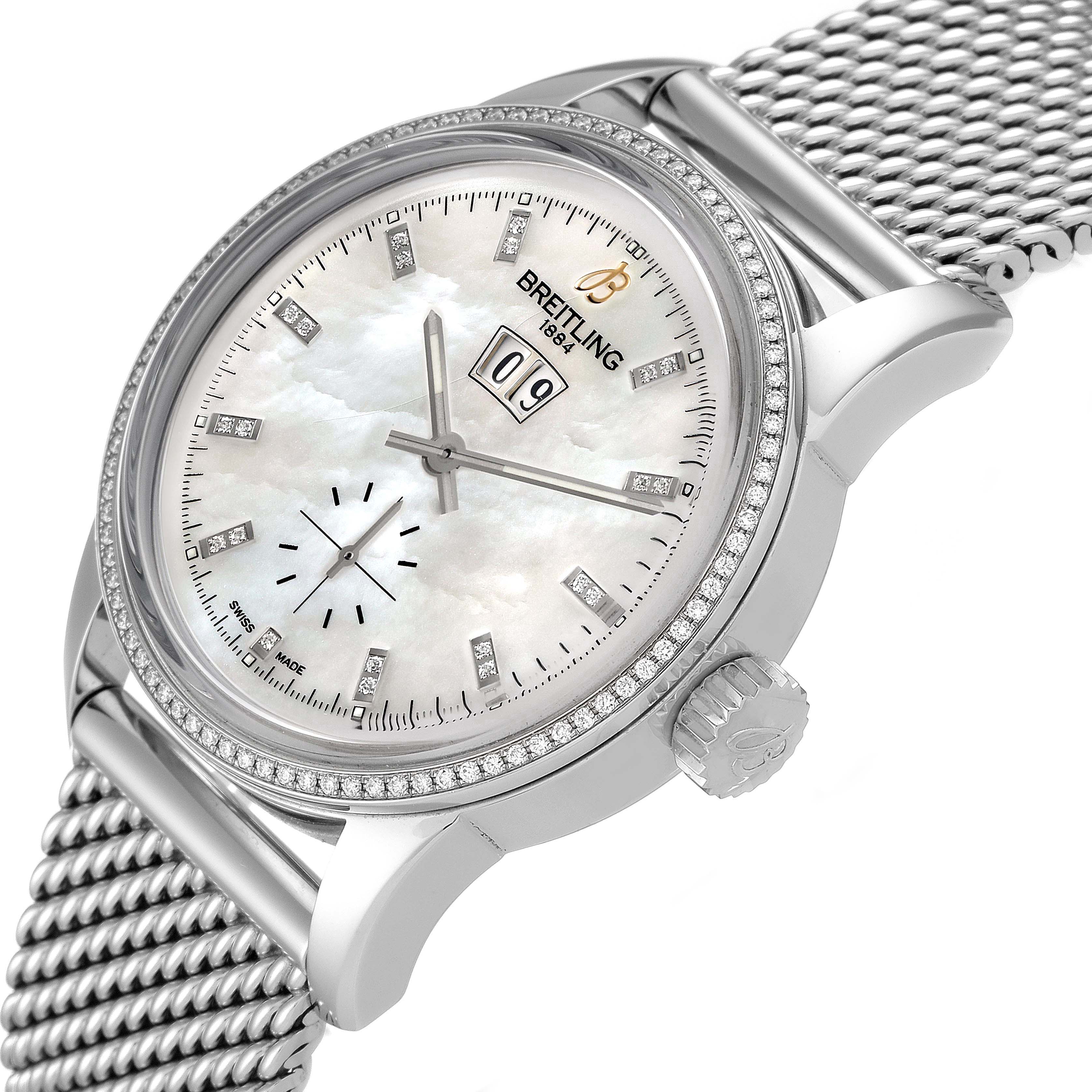 The image shows a side angle of the Breitling Transocean A16310 Men's Stainless Steel Mother of Pearl Dial A16310 Men's Stainless Steel Mother of Pearl Dial watch, highlighting its dial, bezel, and mesh strap.