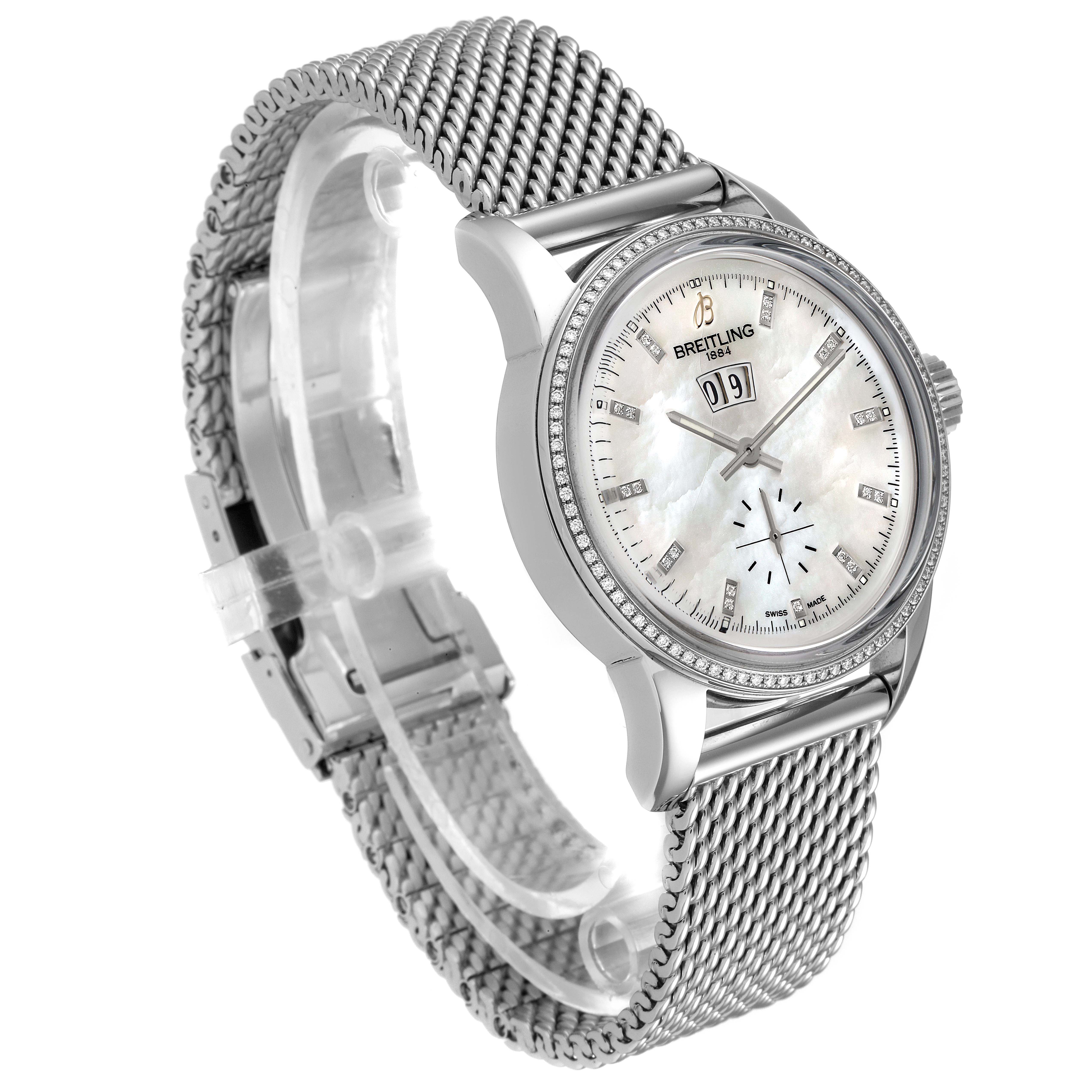 The image shows a Breitling Transocean A16310 Men's Stainless Steel Mother of Pearl Dial A16310 Men's Stainless Steel Mother of Pearl Dial watch at a three-quarter angle displaying the face, bezel, crown, and mesh strap.