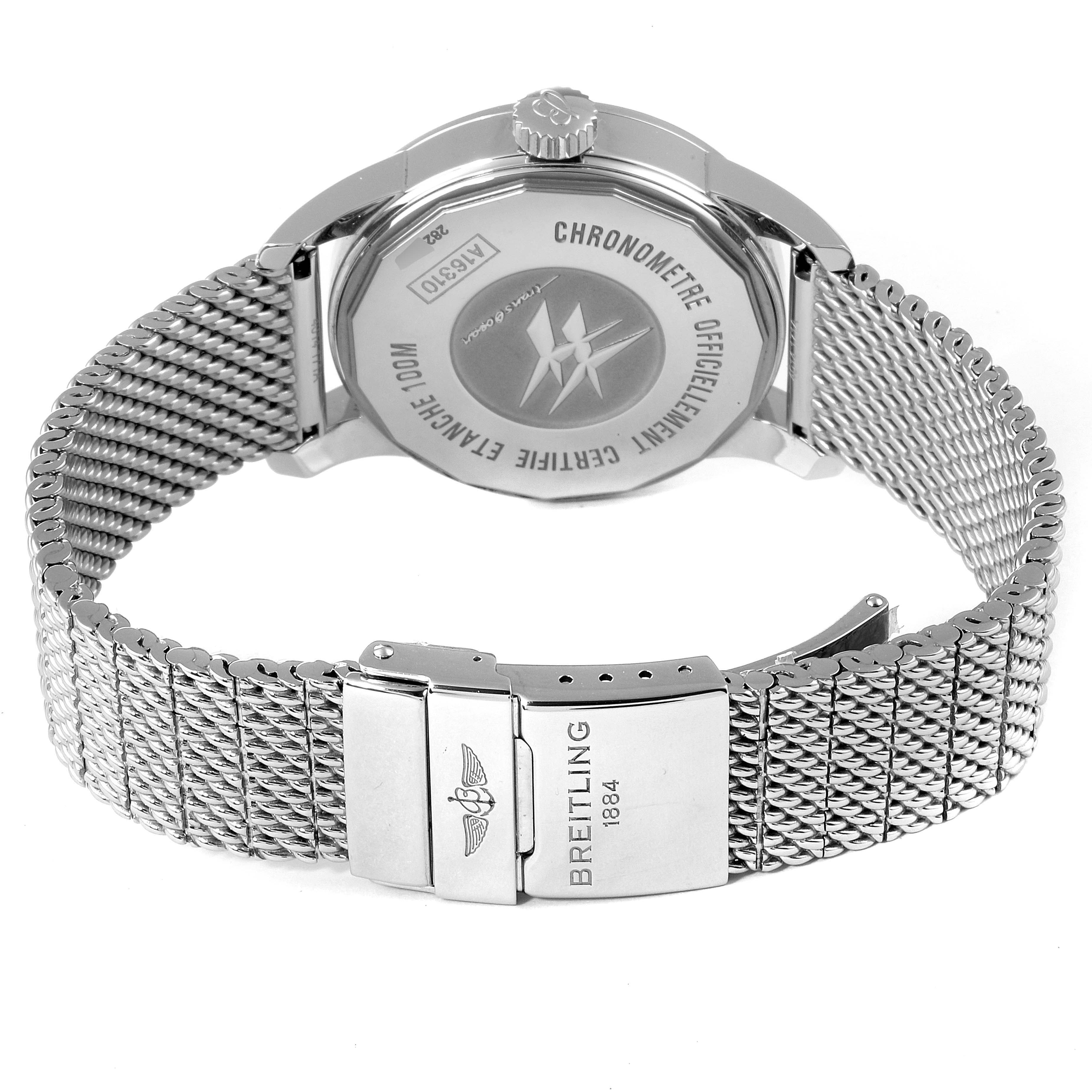 The image displays the back case and mesh bracelet of the Breitling Transocean A16310 Men's Stainless Steel Mother of Pearl Dial A16310 Men's Stainless Steel Mother of Pearl Dial watch.