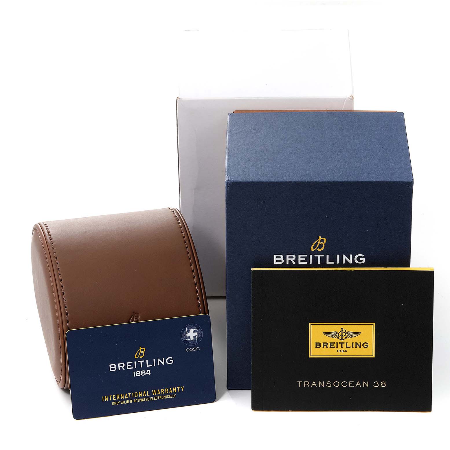 The image shows the packaging, warranty card, and booklet for a Breitling Transocean A16310 Men's Stainless Steel Mother of Pearl Dial A16310 Men's Stainless Steel Mother of Pearl Dial watch.