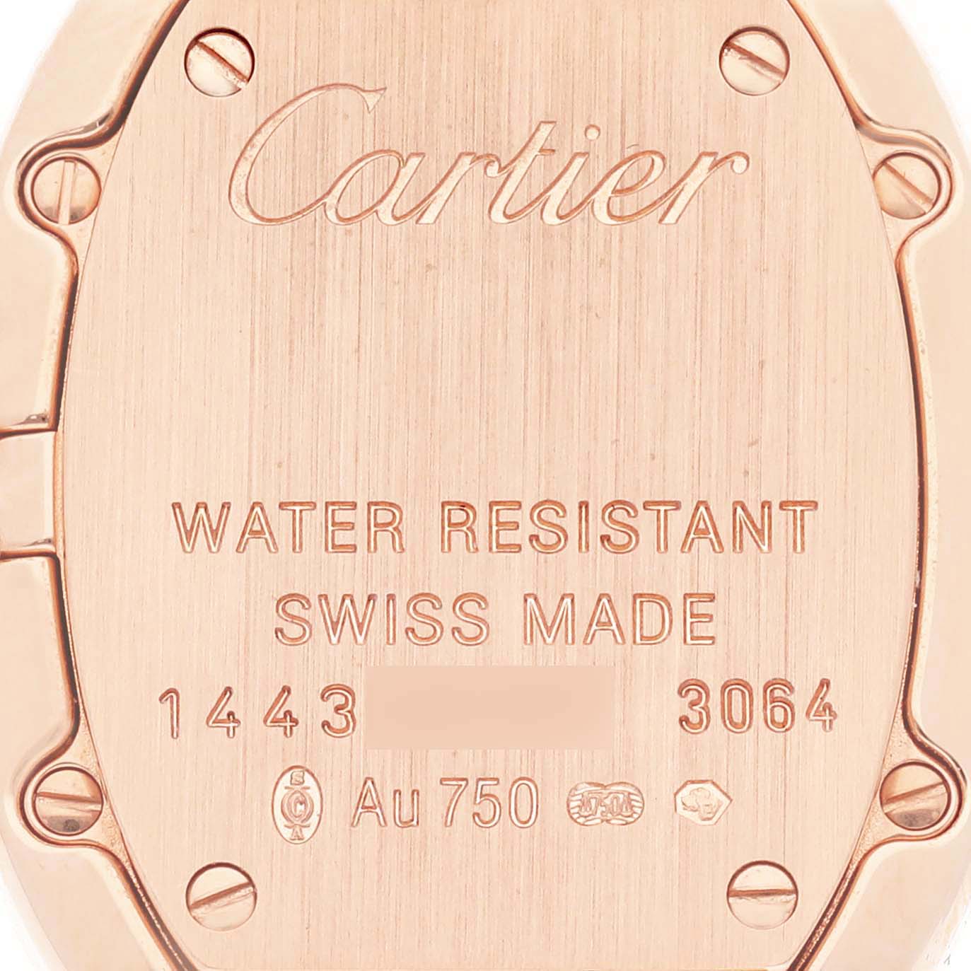 The image shows the back casing of a Cartier Baignoire WB520002 Women
s Rose Gold Silver Dial WB520002 Women
s Rose Gold Silver Dial watch with engravings and screws.