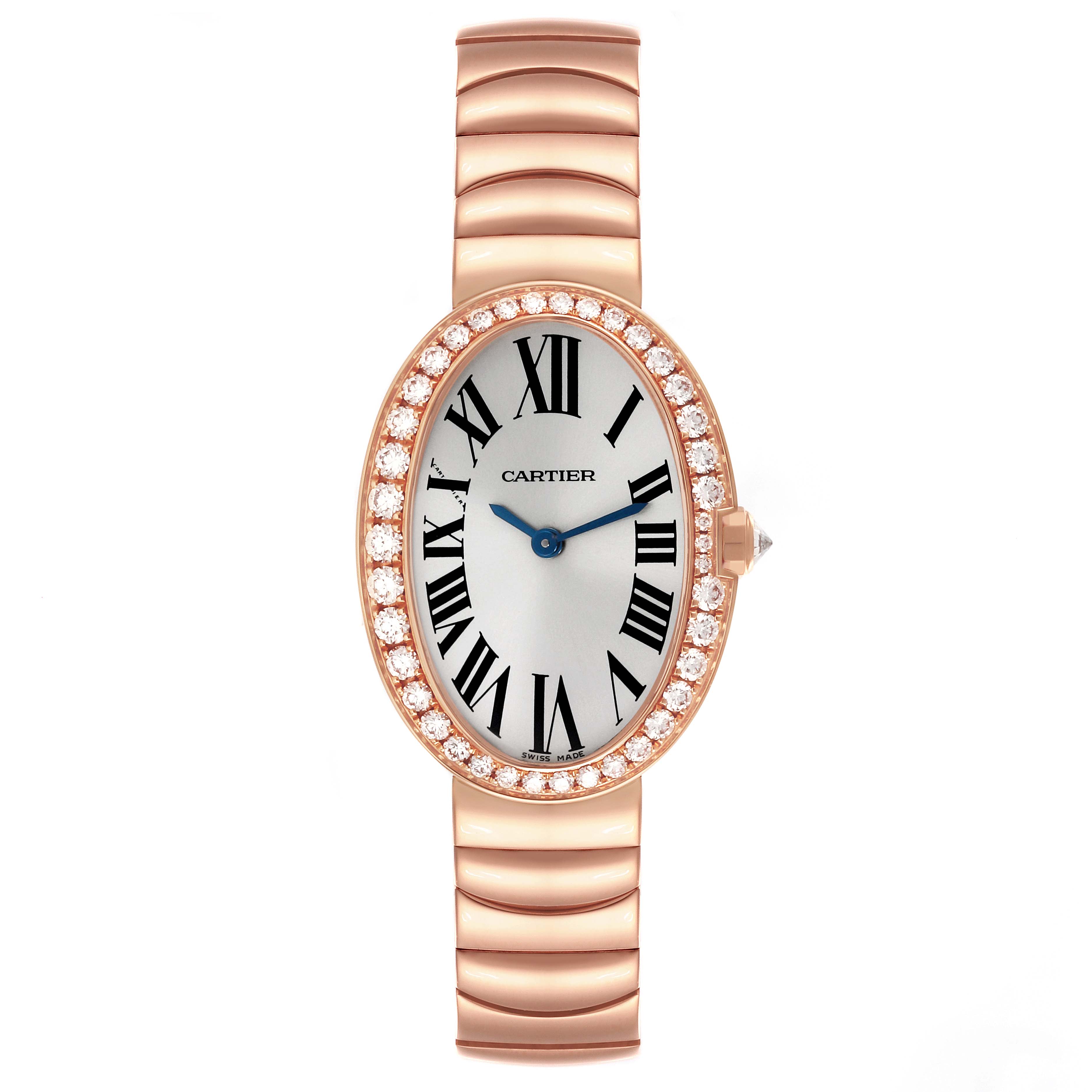 The Cartier Baignoire WB520002 Women
s Rose Gold Silver Dial WB520002 Women
s Rose Gold Silver Dial watch is shown from a top view, featuring an oval face, diamond bezel, and metallic bracelet.