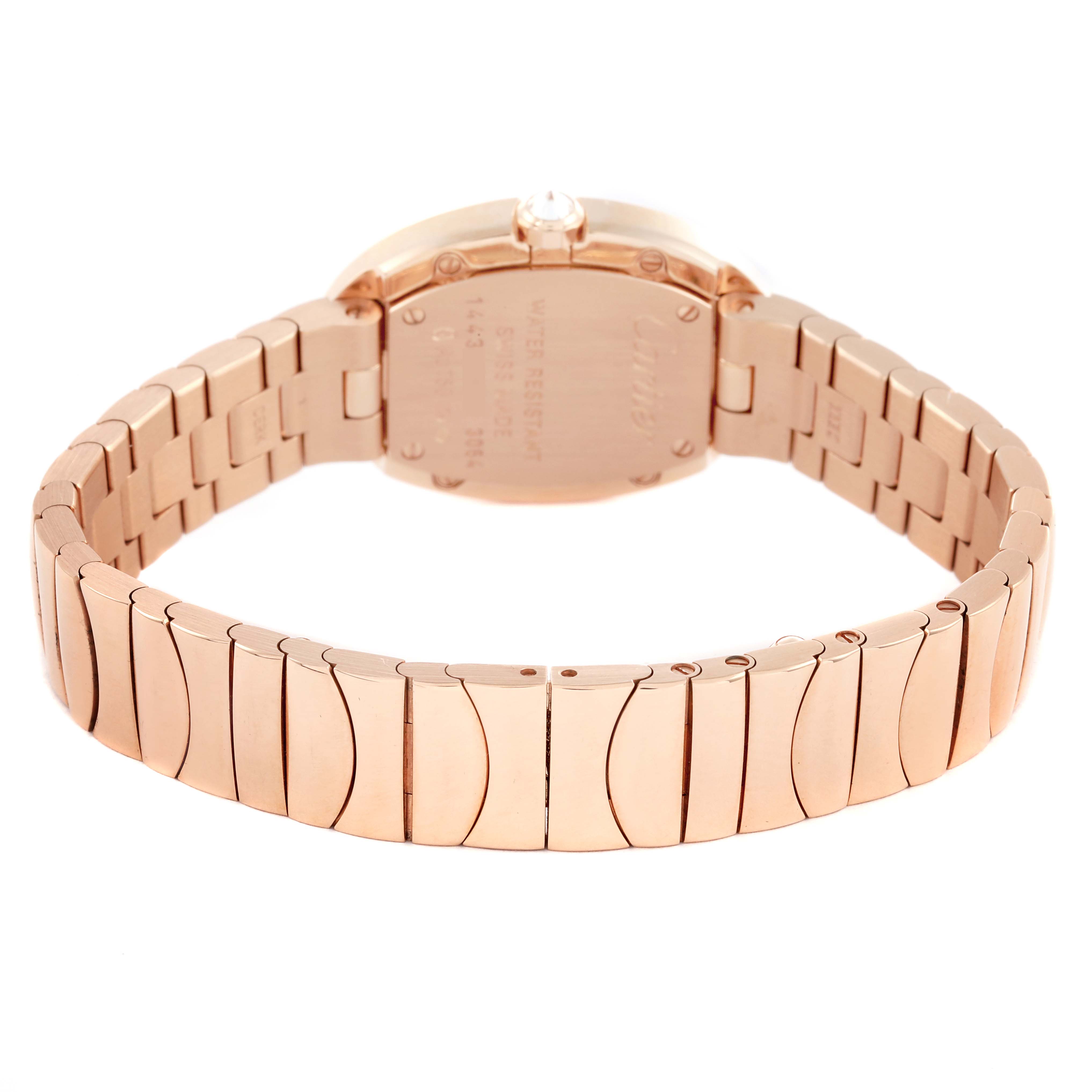 The Cartier Baignoire WB520002 Women
s Rose Gold Silver Dial WB520002 Women
s Rose Gold Silver Dial watch is shown from the back, highlighting the bracelet and case back.