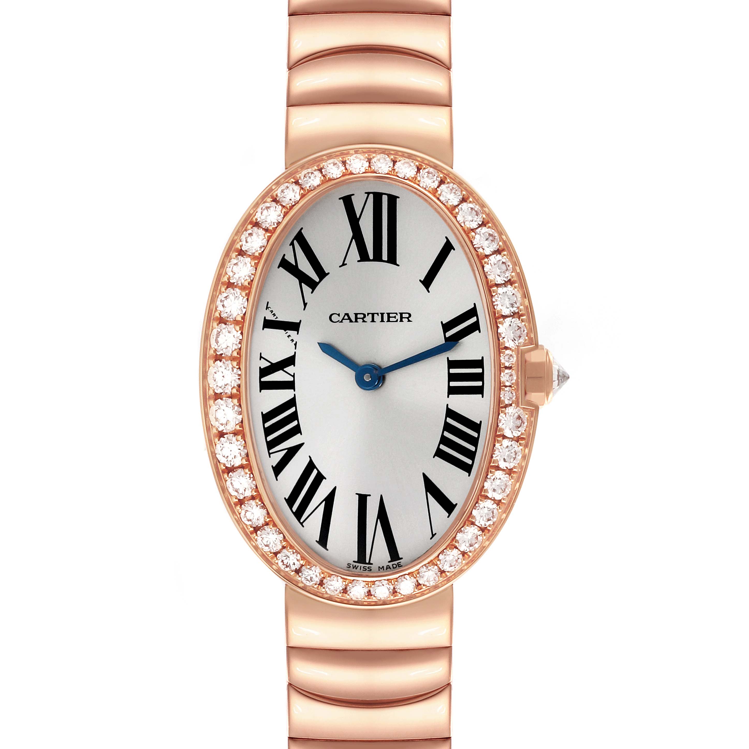The Cartier Baignoire WB520002 Women
s Rose Gold Silver Dial WB520002 Women
s Rose Gold Silver Dial watch is shown from a top view, highlighting the oval face, diamond bezel, and metal bracelet.