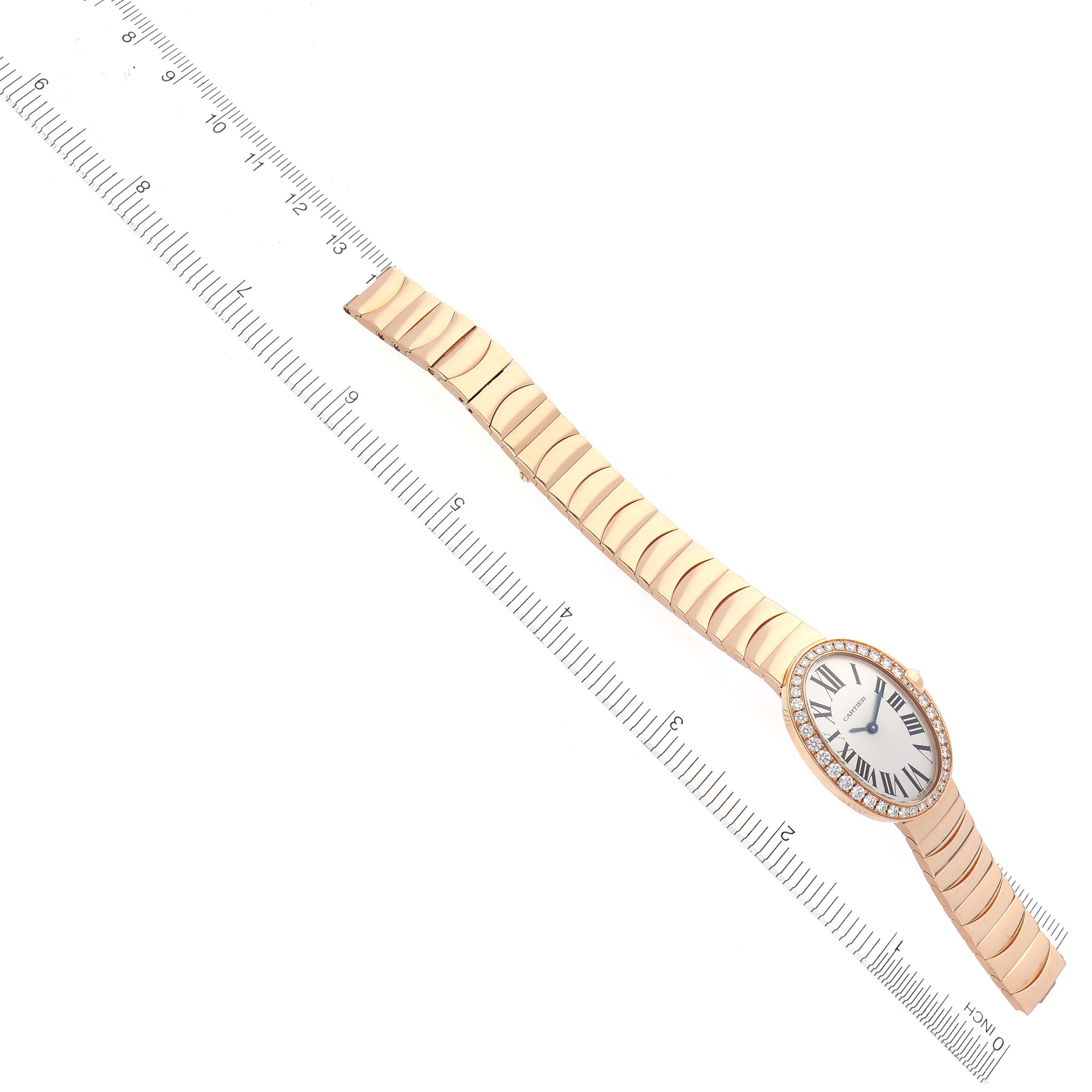 The image shows a Cartier Baignoire WB520002 Women
s Rose Gold Silver Dial WB520002 Women
s Rose Gold Silver Dial watch at an angled top view, highlighting the dial, bracelet, and bezel.