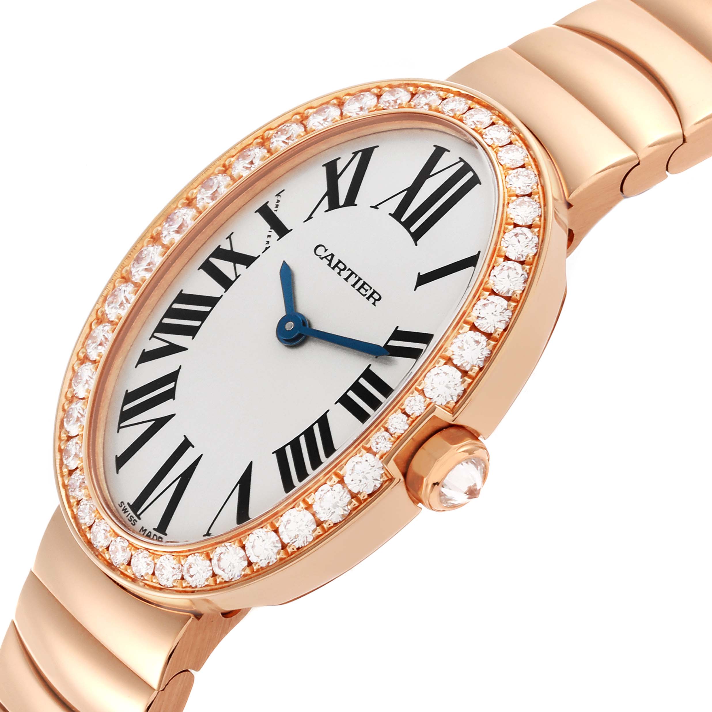 The Cartier Baignoire WB520002 Women
s Rose Gold Silver Dial WB520002 Women
s Rose Gold Silver Dial watch is shown from an angled top view, highlighting its oval dial, diamond bezel, and bracelet.