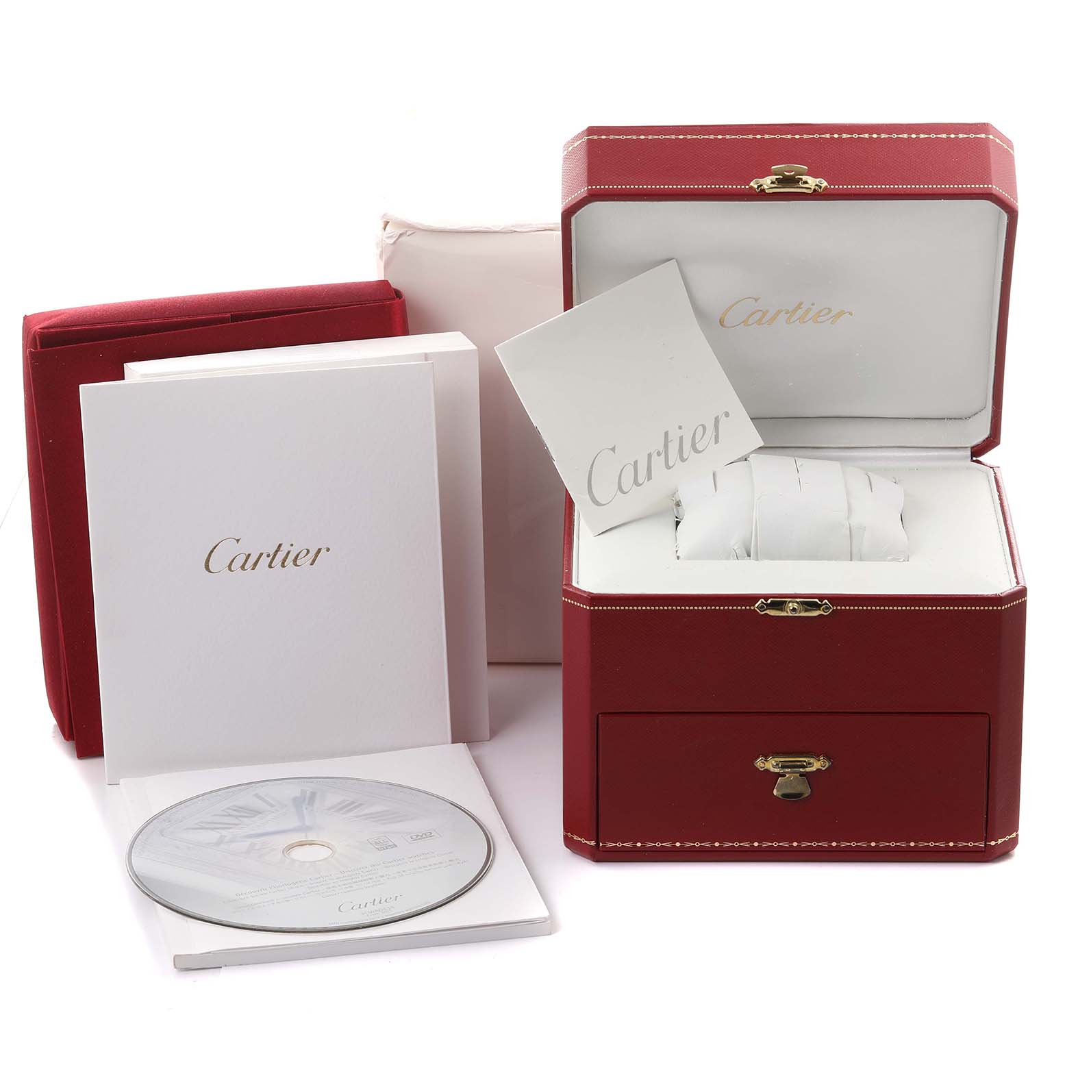The Cartier Baignoire WB520002 Women
s Rose Gold Silver Dial WB520002 Women
s Rose Gold Silver Dial accessories include a red watch box, a booklet, and a CD, all viewed from the front.