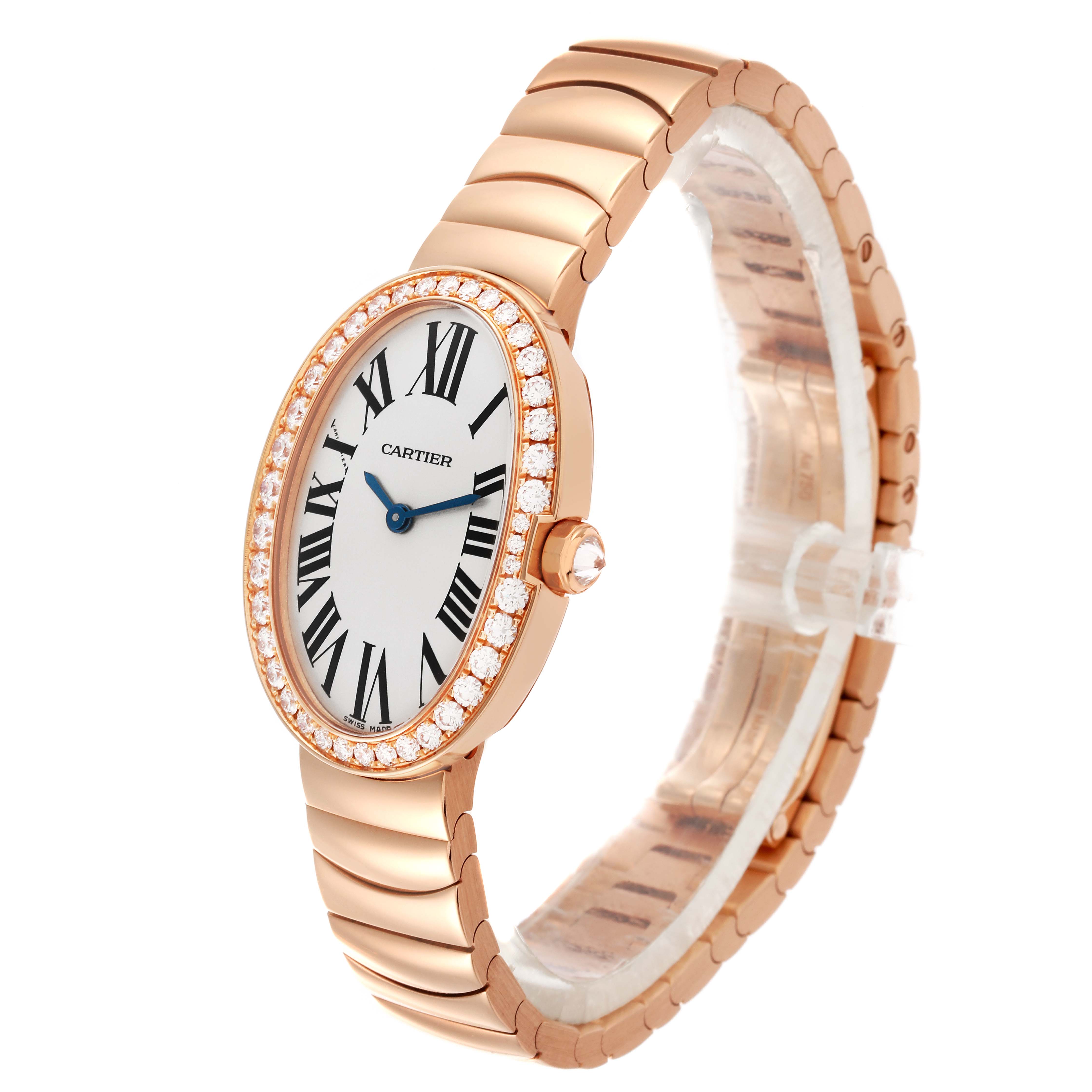 The Cartier Baignoire WB520002 Women
s Rose Gold Silver Dial WB520002 Women
s Rose Gold Silver Dial watch is shown at a three-quarter angle, displaying the face, bezel, and metal bracelet.