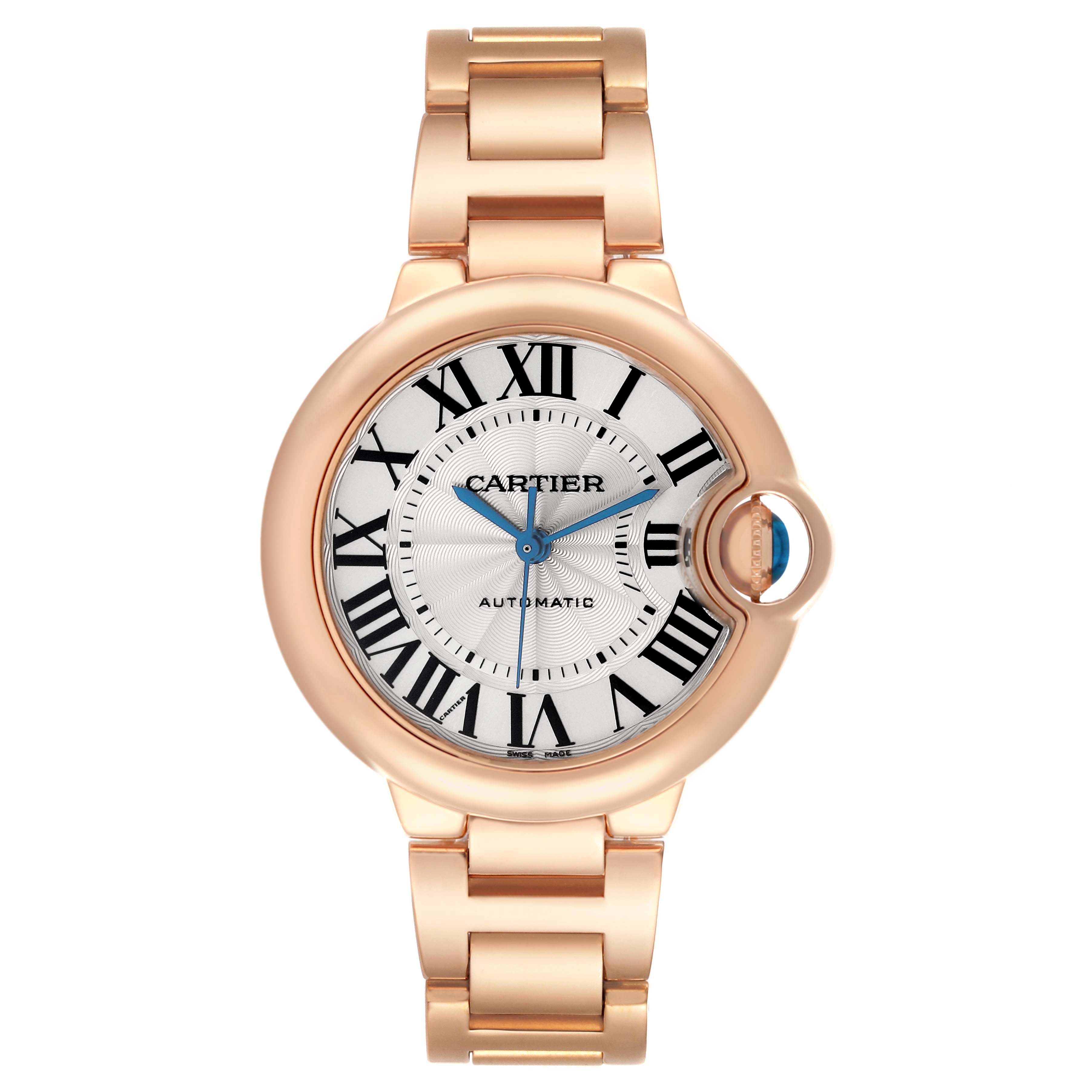 The Cartier Ballon Bleu WGBB0042 Women's Rose Gold Silver Dial watch is shown from a front view, highlighting its face, bezel, and bracelet.