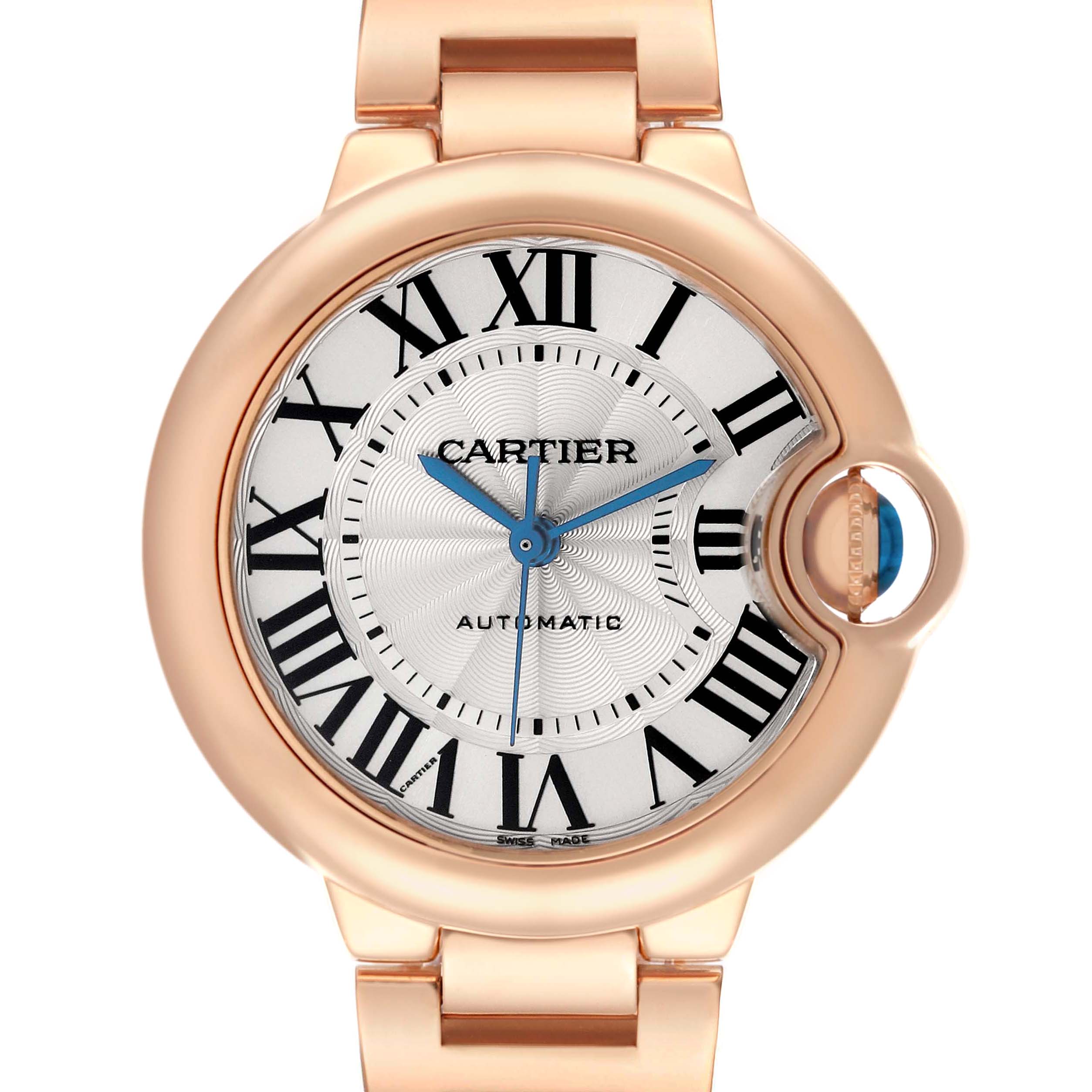 The Cartier Ballon Bleu WGBB0042 Women's Rose Gold Silver Dial watch is shown from a front angle, highlighting its face, hands, and crown.