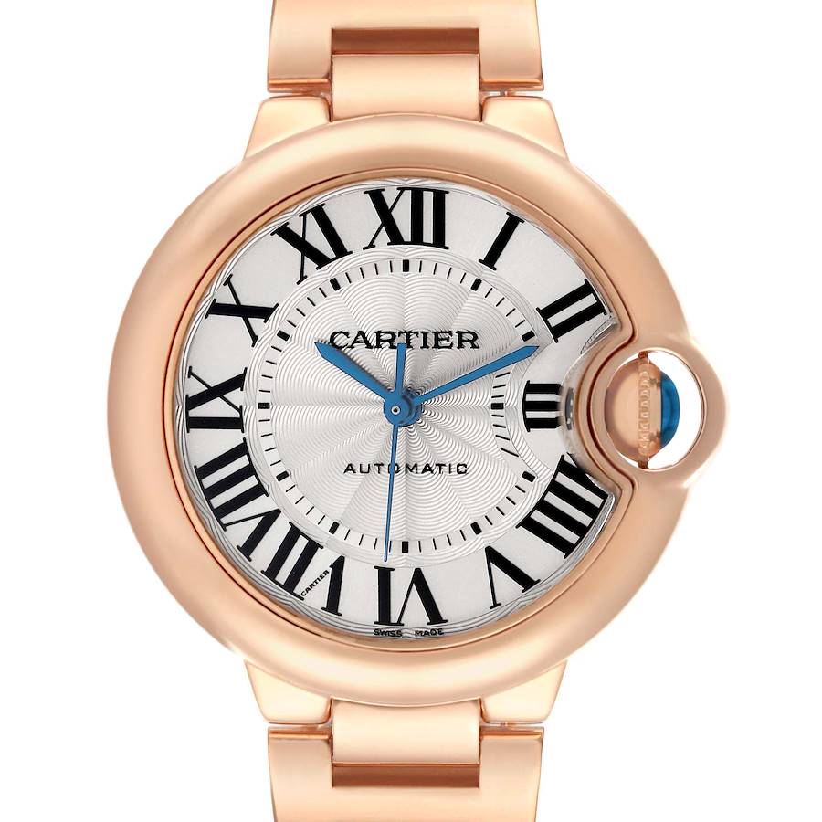 The Cartier Ballon Bleu WGBB0042 Women's Rose Gold Silver Dial watch is shown from a front angle, highlighting its face, hands, and crown.