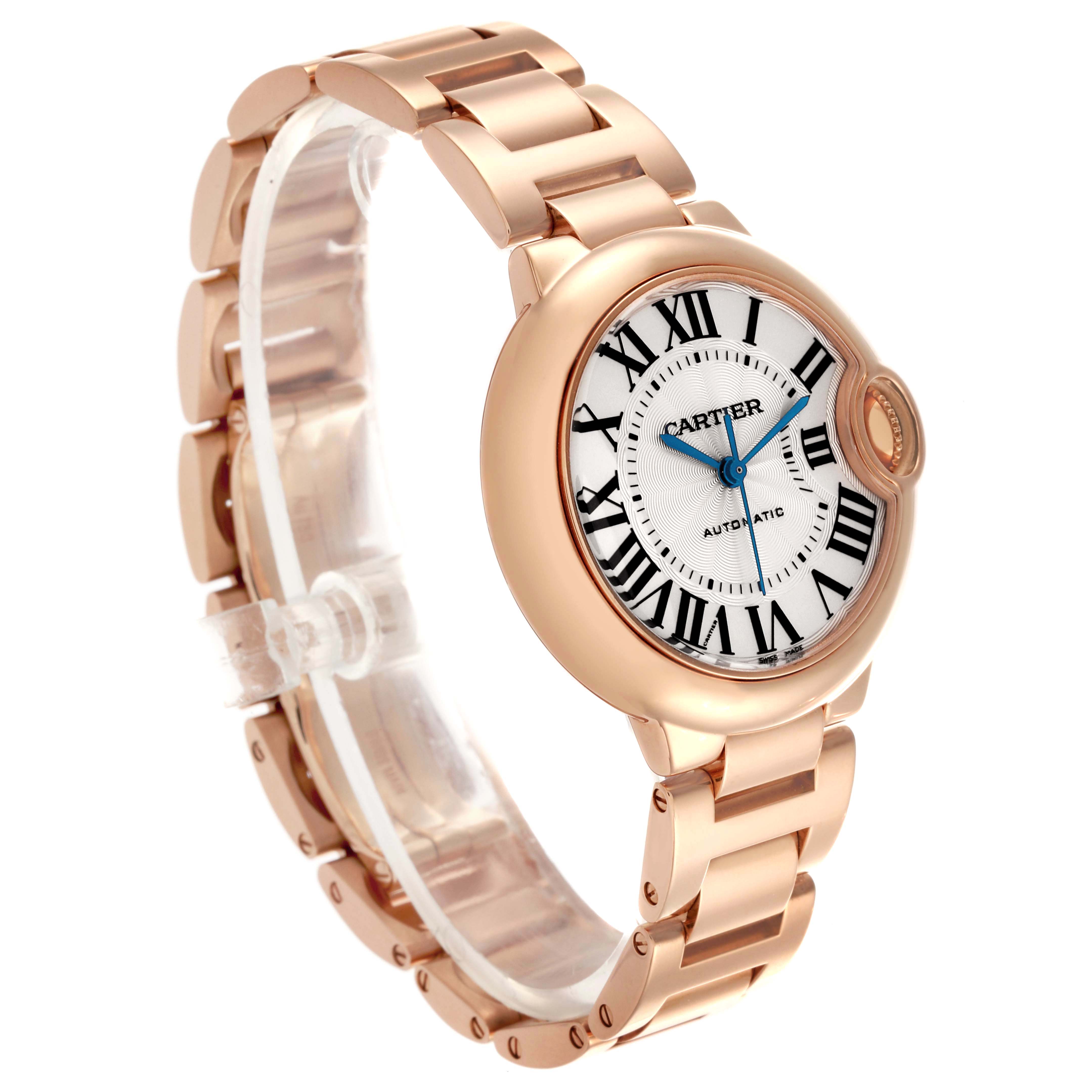 The Cartier Ballon Bleu WGBB0042 Women's Rose Gold Silver Dial watch is shown at a three-quarter angle, highlighting the face, bracelet, and side profile.
