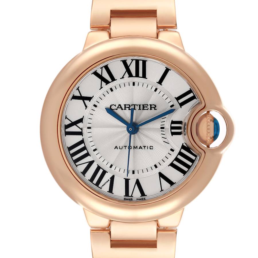 The Cartier Ballon Bleu watch is shown from the front, displaying the dial, Roman numerals, and crown with a blue cabochon.