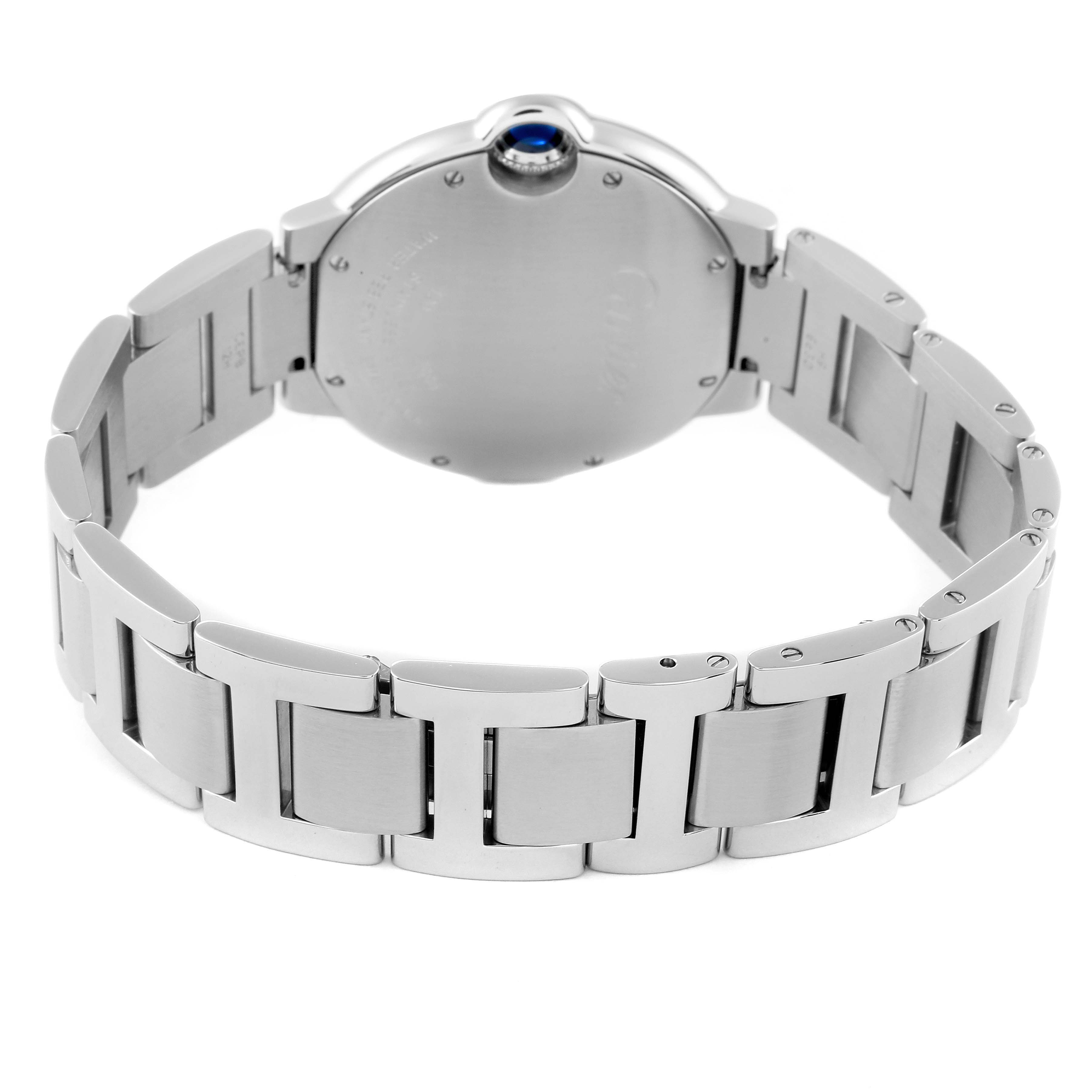 The image shows the back of a Cartier Ballon Bleu W69011Z4 Men
s Stainless Steel Silver Dial W69011Z4 Men
s Stainless Steel Silver Dial watch, highlighting its metal bracelet and case.