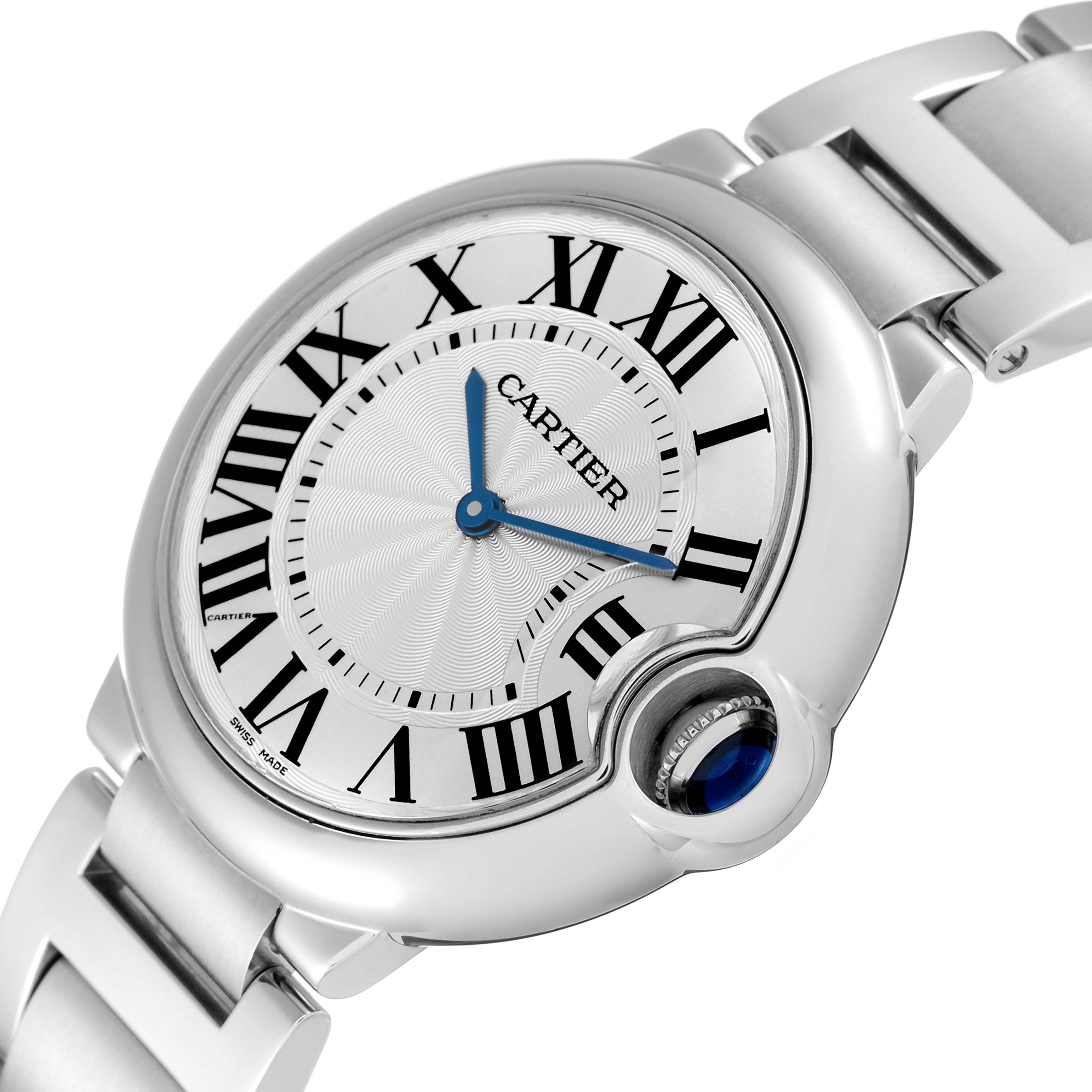 This Cartier Ballon Bleu W69011Z4 Men
s Stainless Steel Silver Dial W69011Z4 Men
s Stainless Steel Silver Dial watch is shown from an angled close-up, highlighting its dial, Roman numerals, and metal bracelet.