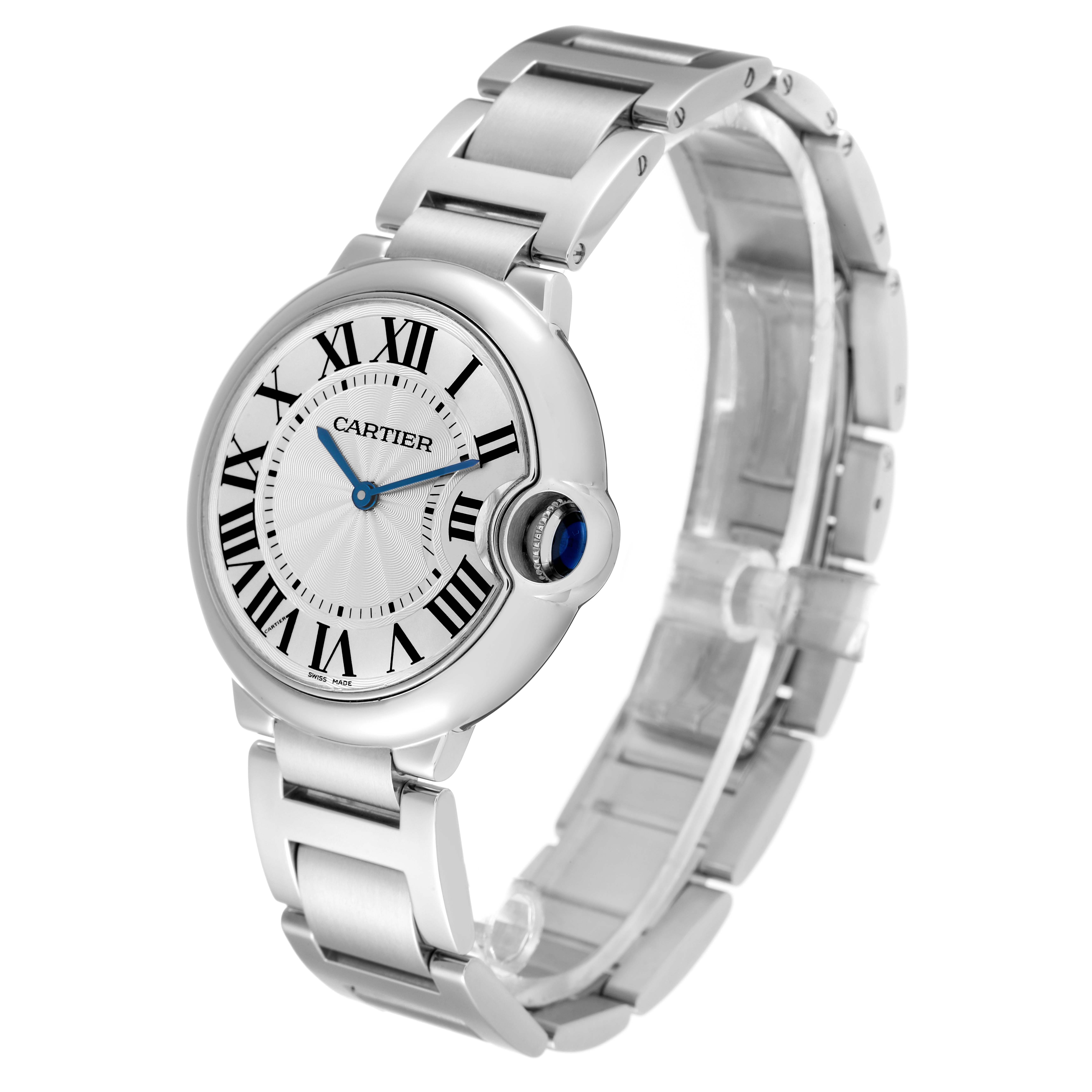 The image shows an angled view of a Cartier Ballon Bleu W69011Z4 Men
s Stainless Steel Silver Dial W69011Z4 Men
s Stainless Steel Silver Dial model watch, showcasing its face, band, and blue crown gem.