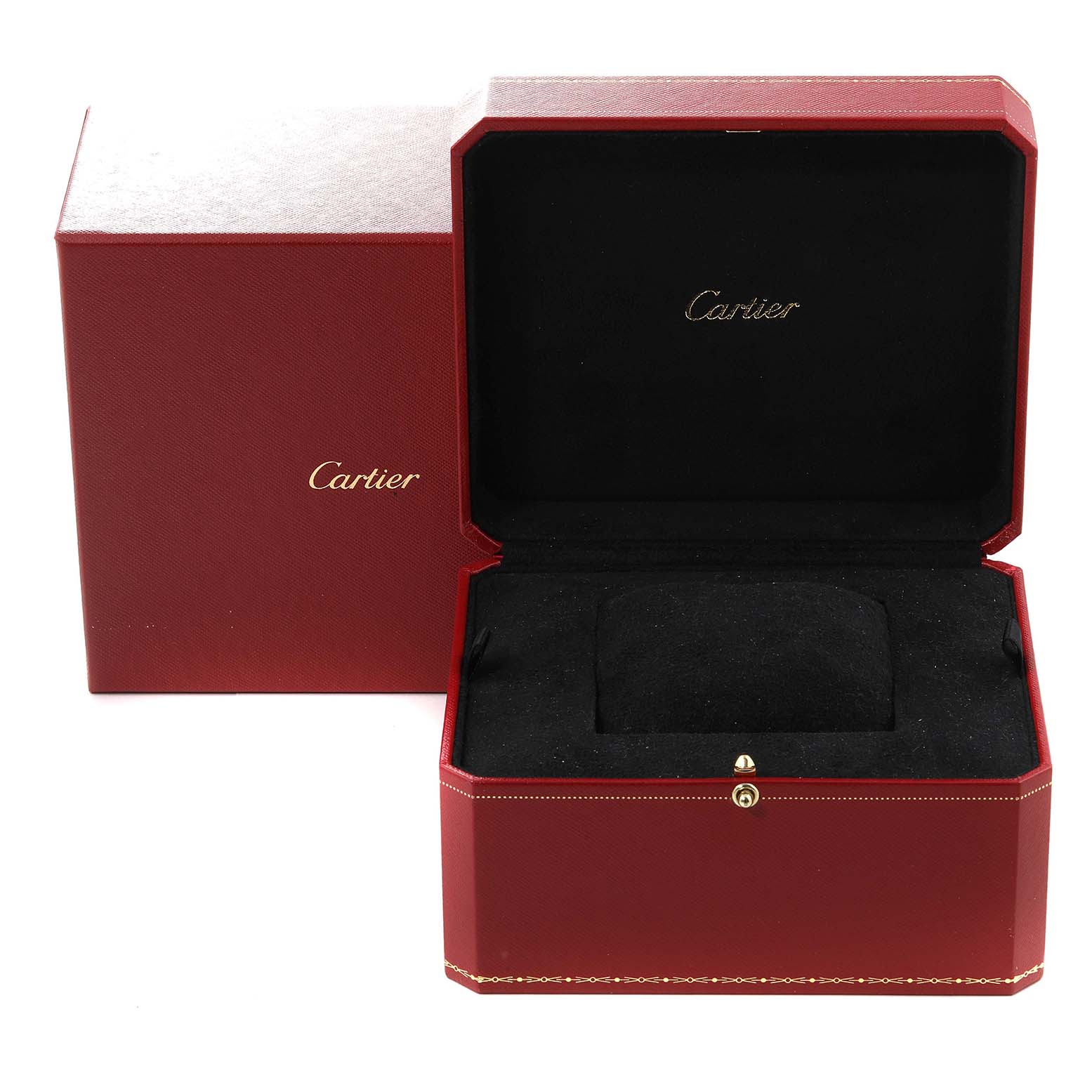 This image shows the open display box for the Cartier Ballon Bleu W69011Z4 Men
s Stainless Steel Silver Dial W69011Z4 Men
s Stainless Steel Silver Dial watch, featuring its red exterior and black interior.