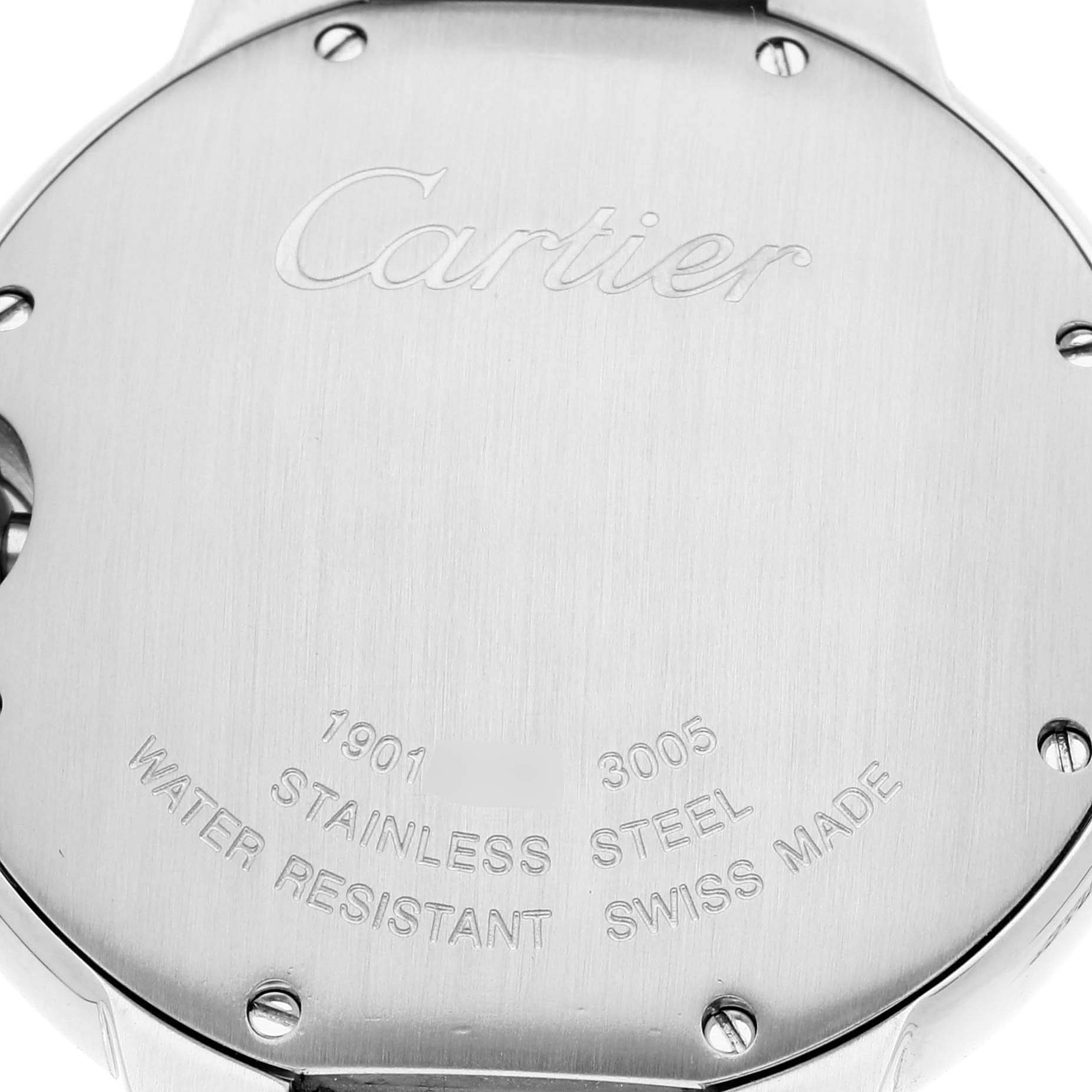 This is the back view of the Cartier Ballon Bleu W69011Z4 Men
s Stainless Steel Silver Dial W69011Z4 Men
s Stainless Steel Silver Dial watch, showing its stainless steel case and engraved details.