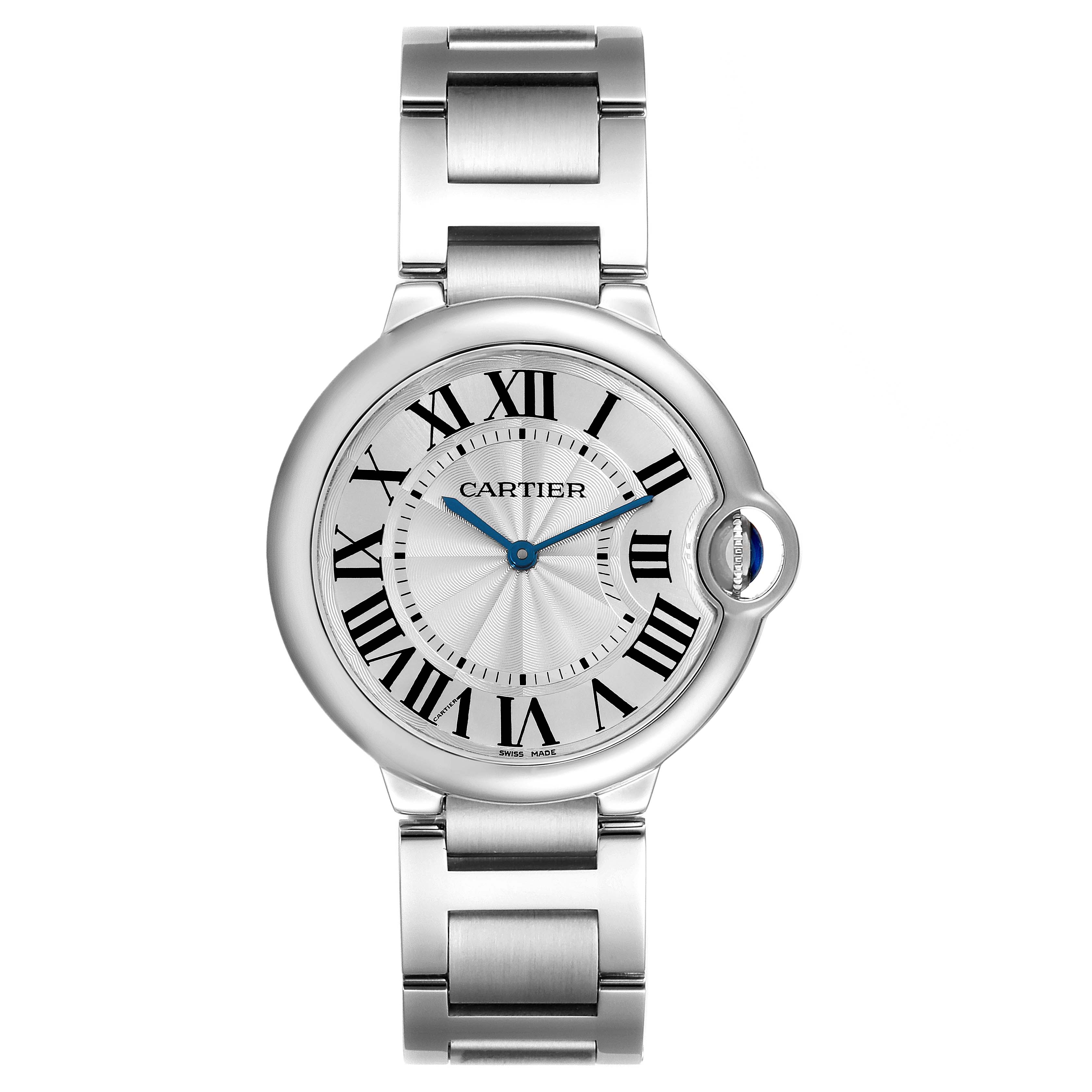 This image shows a front view of a Ballon Bleu model by Cartier, featuring a round silver case, Roman numerals, and a metal bracelet.
