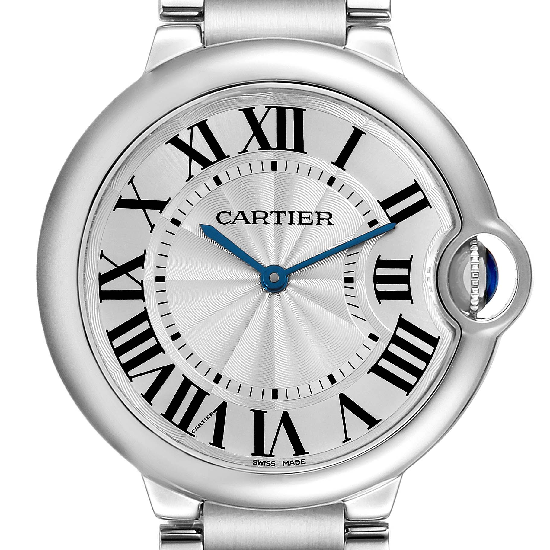 This image shows a close-up, front-facing view of the Cartier Ballon Bleu W69011Z4 Men
s Stainless Steel Silver Dial W69011Z4 Men
s Stainless Steel Silver Dial watch dial, highlighting its Roman numerals and blue hands.
