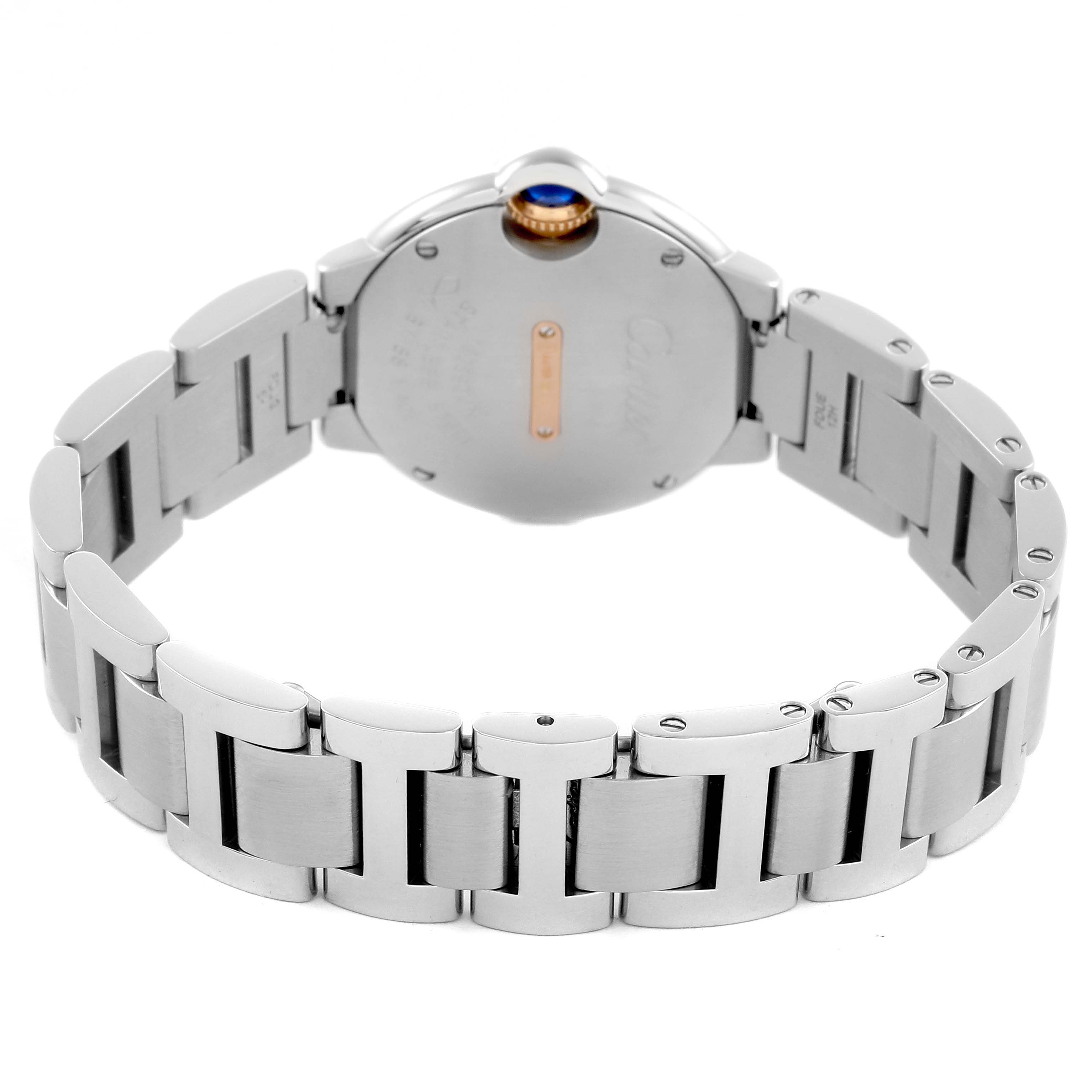 The image shows the back and bracelet of a Cartier Ballon Bleu WE902079 Women's Steel and Gold (two tone) Silver Dial WE902079 Women's Steel and Gold (two tone) Silver Dial watch, highlighting the clasp and case back details.