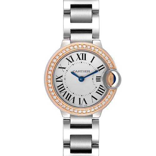 The Cartier Ballon Bleu watch is shown from a top-down angle featuring the face, Roman numerals, and bracelet.