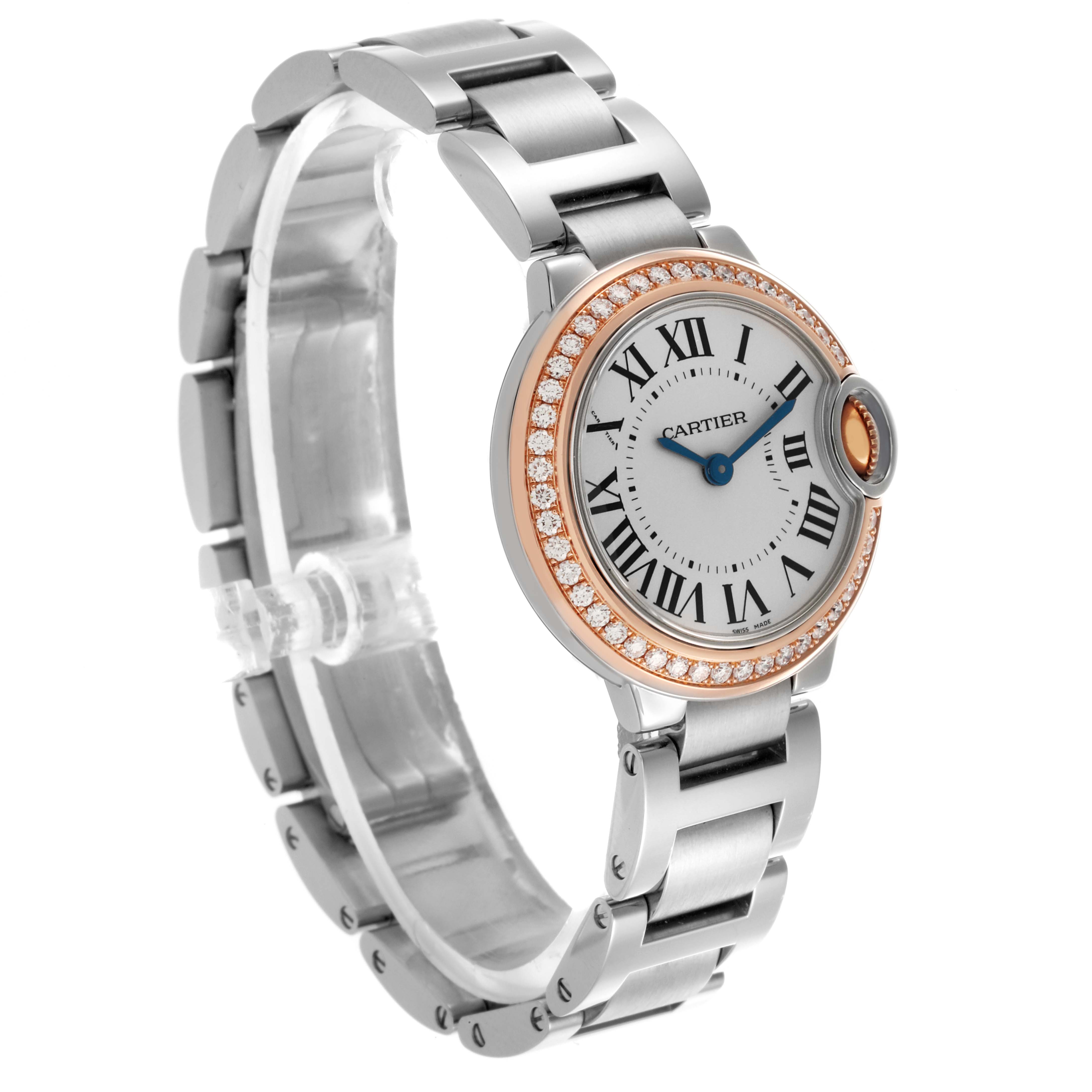The Cartier Ballon Bleu WE902079 Women's Steel and Gold (two tone) Silver Dial WE902079 Women's Steel and Gold (two tone) Silver Dial watch is shown at a three-quarter angle, highlighting the bracelet, face, and diamond-studded bezel.