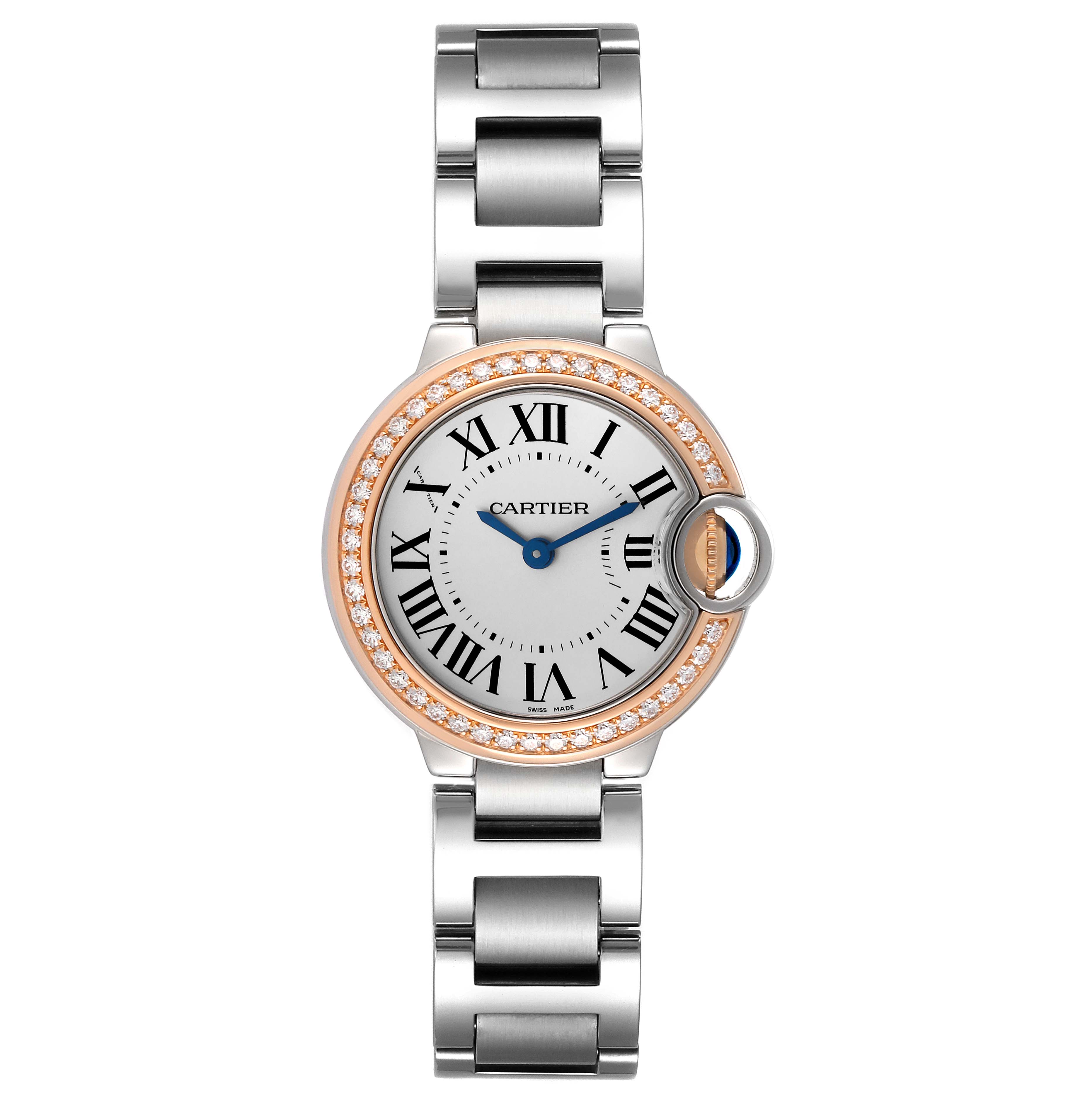The Cartier Ballon Bleu WE902079 Women's Steel and Gold (two tone) Silver Dial WE902079 Women's Steel and Gold (two tone) Silver Dial watch is shown from a top-down angle, highlighting the face, bezel with diamonds, and metal bracelet.