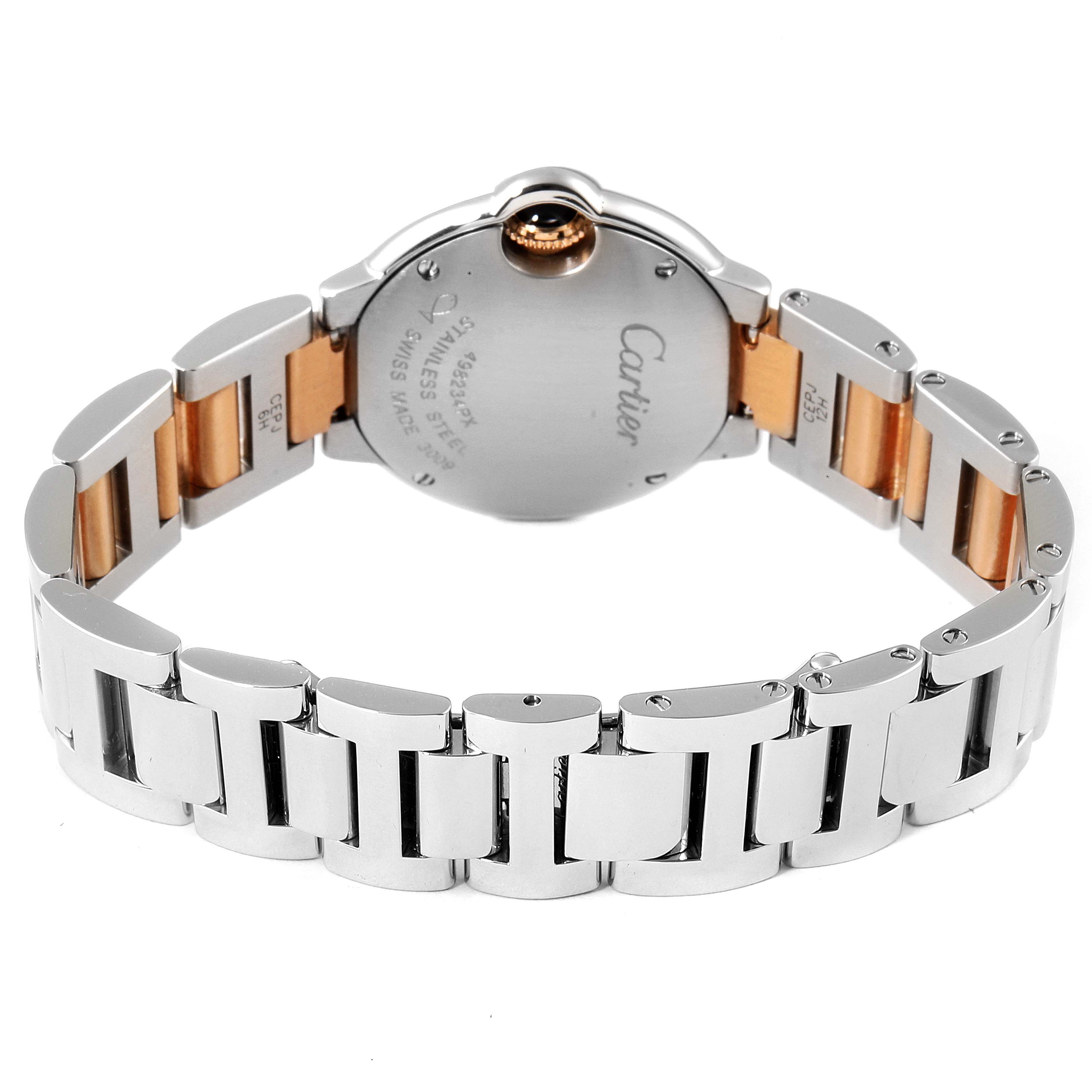 This image shows the back case and bracelet of the Cartier Ballon Bleu W6920034 Women
s Steel and Gold (two tone) Mother of Pearl Dial W6920034 Women
s Steel and Gold (two tone) Mother of Pearl Dial watch at a rear angle.