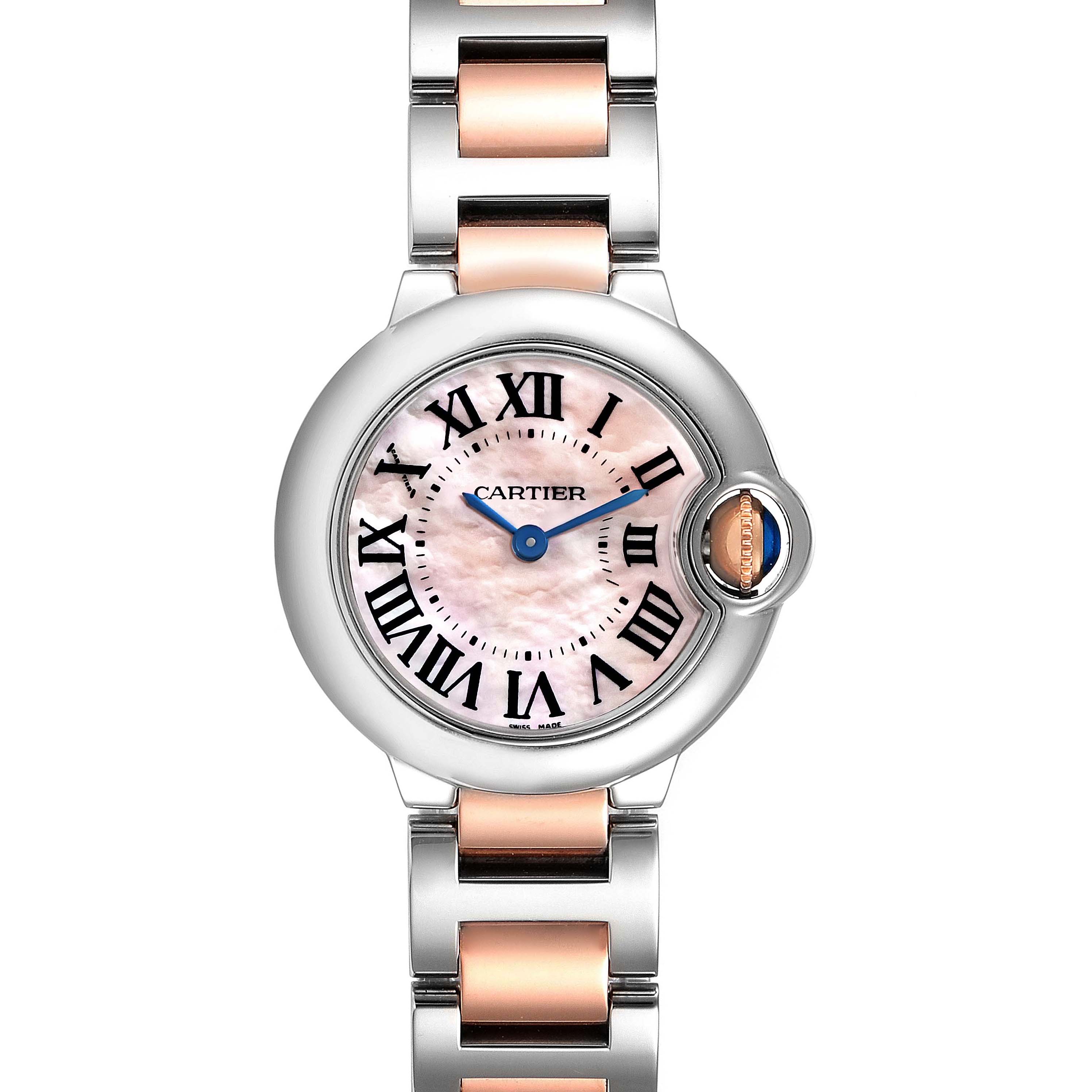 The image shows a front view of the Cartier Ballon Bleu W6920034 Women
s Steel and Gold (two tone) Mother of Pearl Dial W6920034 Women
s Steel and Gold (two tone) Mother of Pearl Dial watch, highlighting its face, Roman numerals, and a two-tone metal strap.