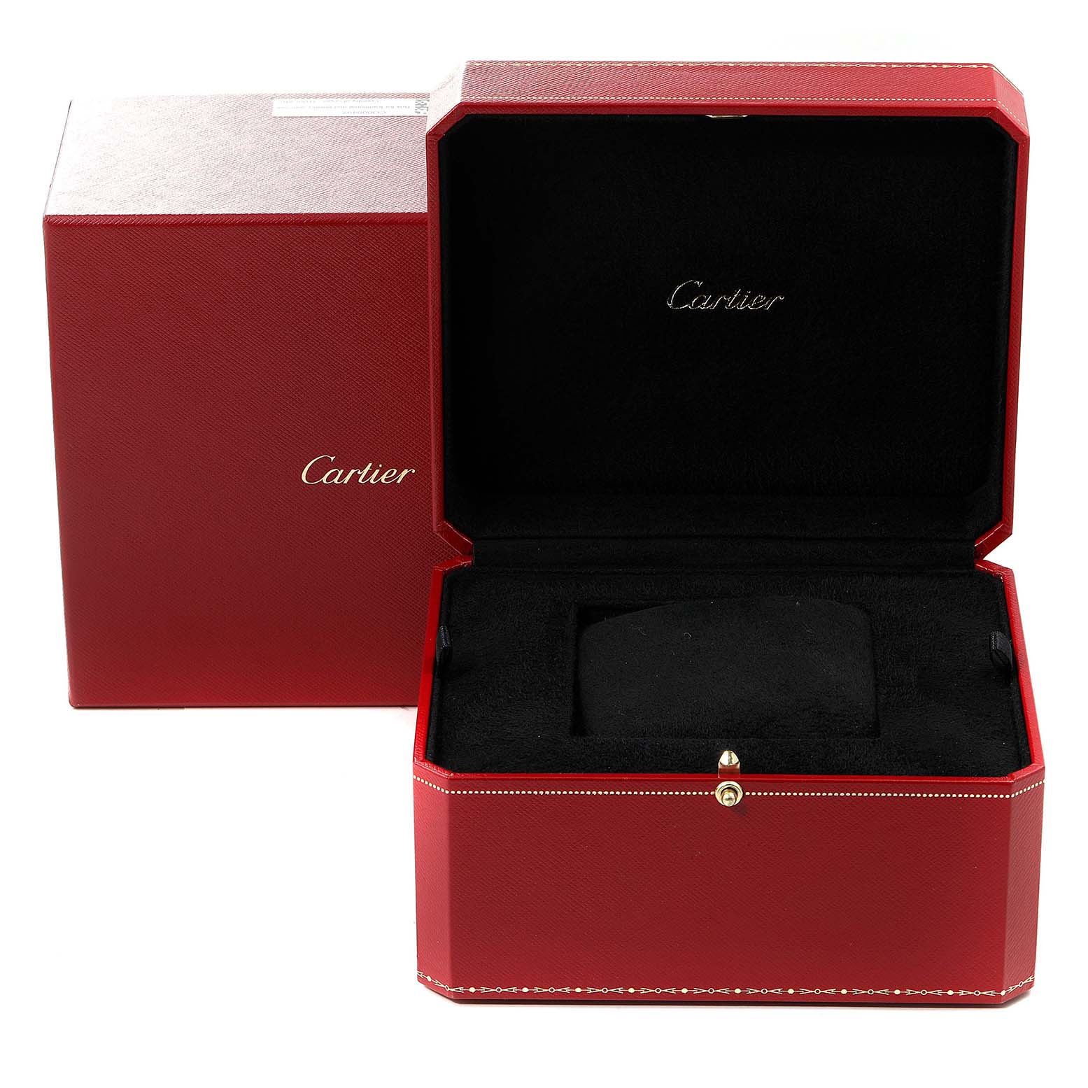 The image shows an open red Cartier box for the Ballon Bleu watch model, along with a closed outer box.