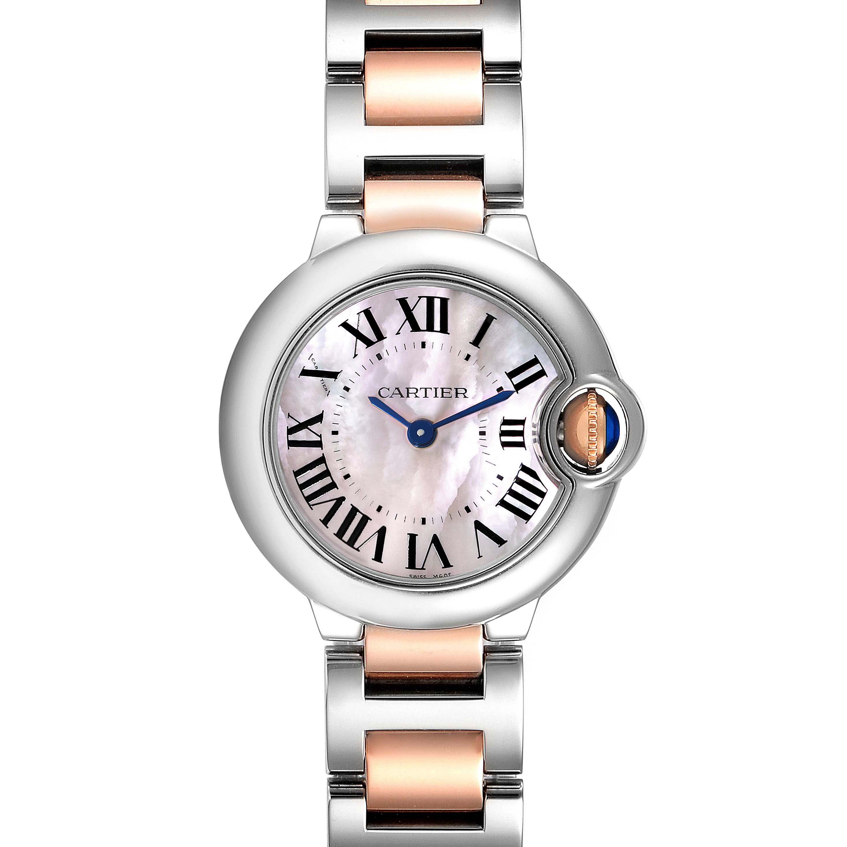 This image shows a Ballon Bleu watch by Cartier, viewed from the front, displaying the face and part of the bracelet.