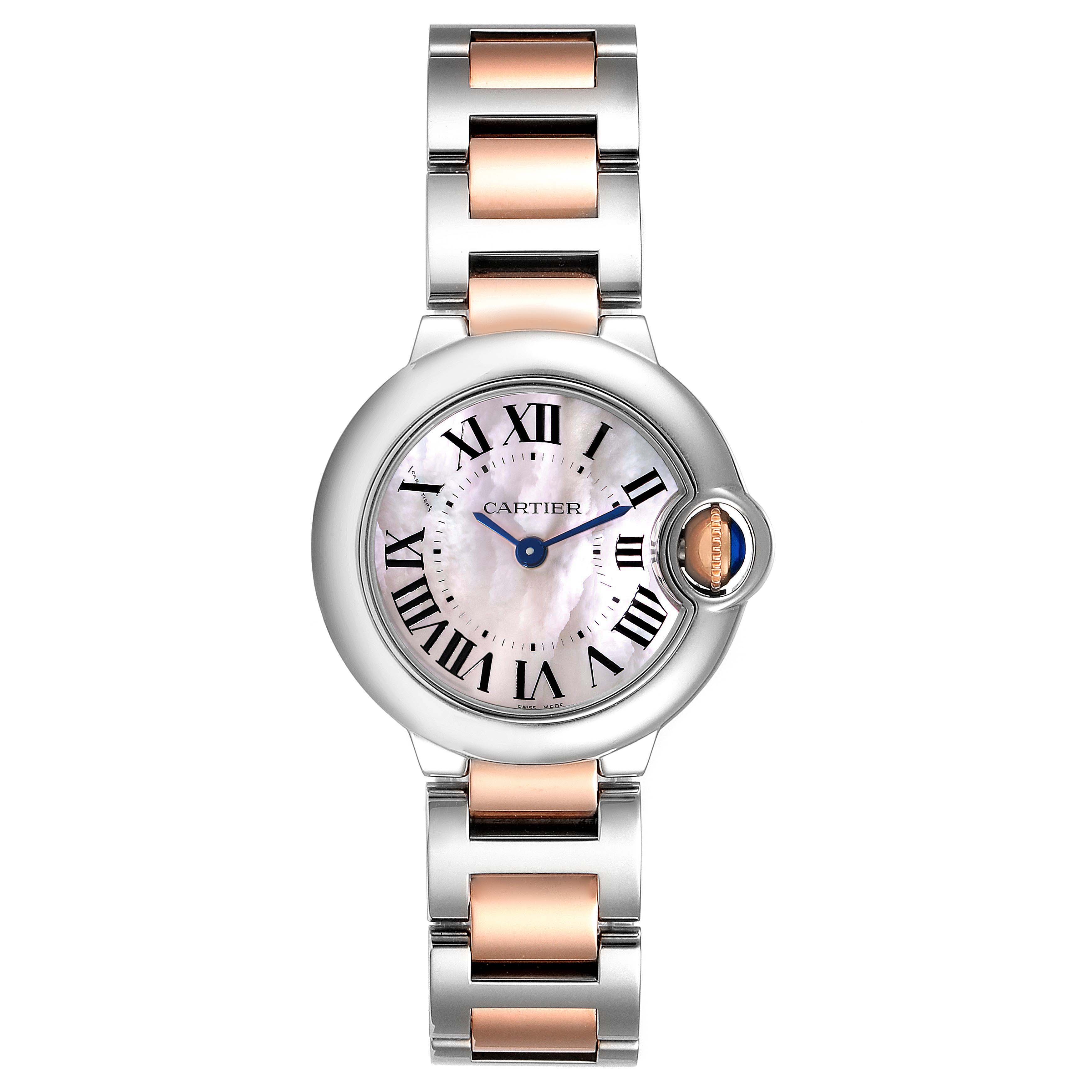 The image shows a top-down view of a Cartier Ballon Bleu W6920034 Women's Steel and Gold (two tone) Mother of Pearl Dial W6920034 Women's Steel and Gold (two tone) Mother of Pearl Dial watch, highlighting the watch face, bezel, and bracelet.