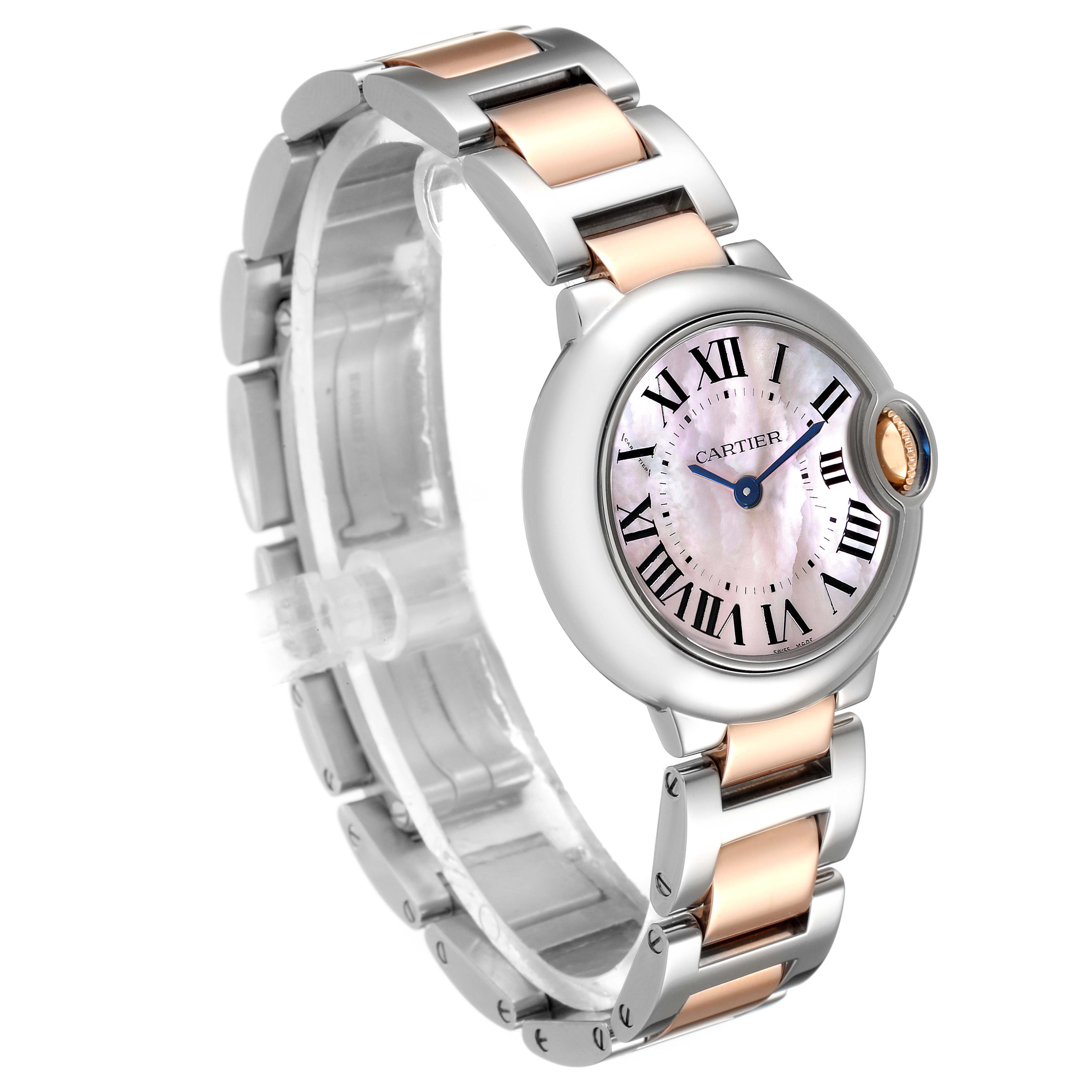 This image shows a side angle of a Ballon Bleu de Cartier watch, highlighting its dial, crown, and dual-tone metal bracelet.