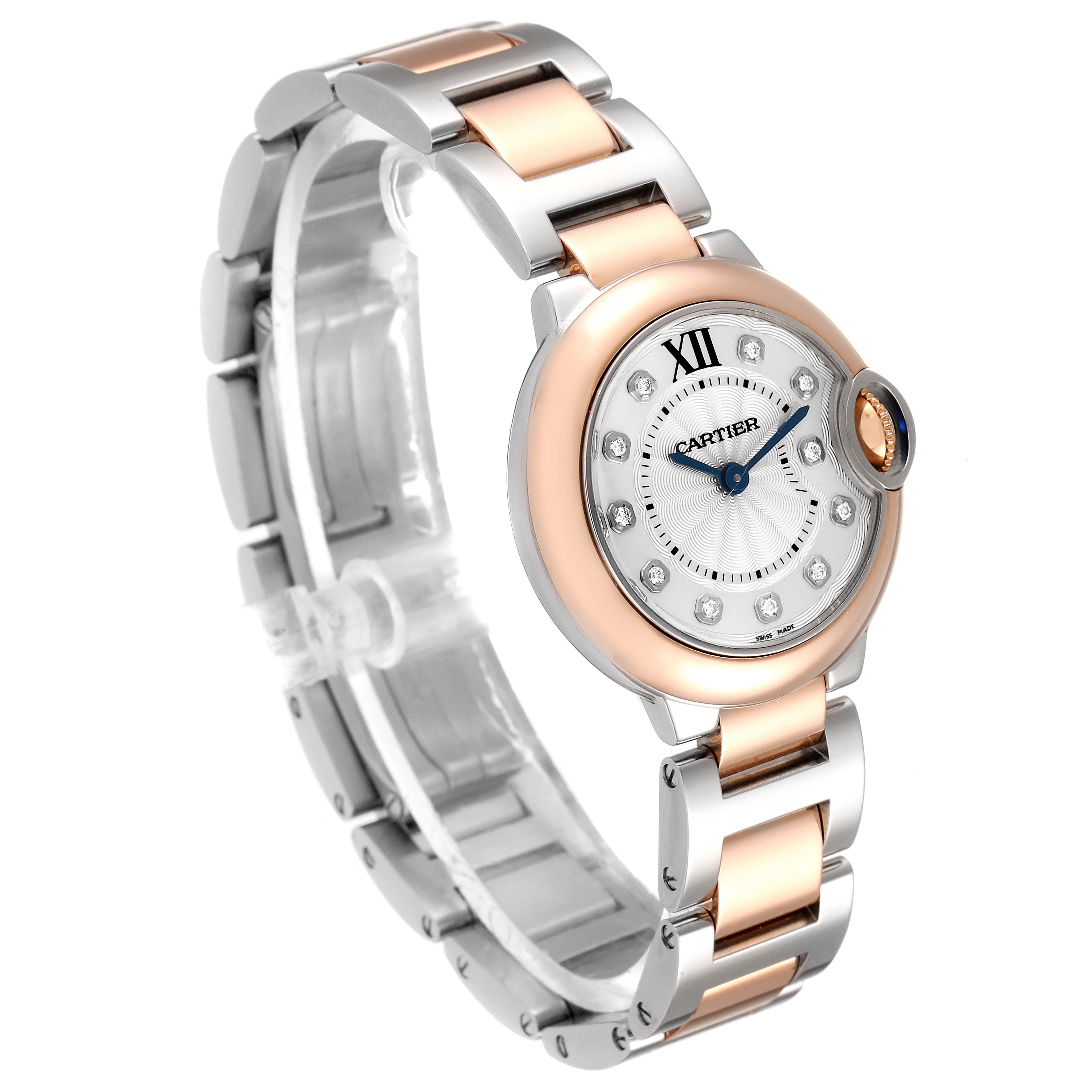 The image shows a side and front view of the Cartier Ballon Bleu W3BB0005 Women's Steel and Gold (two tone) Silver Dial W3BB0005 Women's Steel and Gold (two tone) Silver Dial watch, highlighting its round face and two-tone metal bracelet.