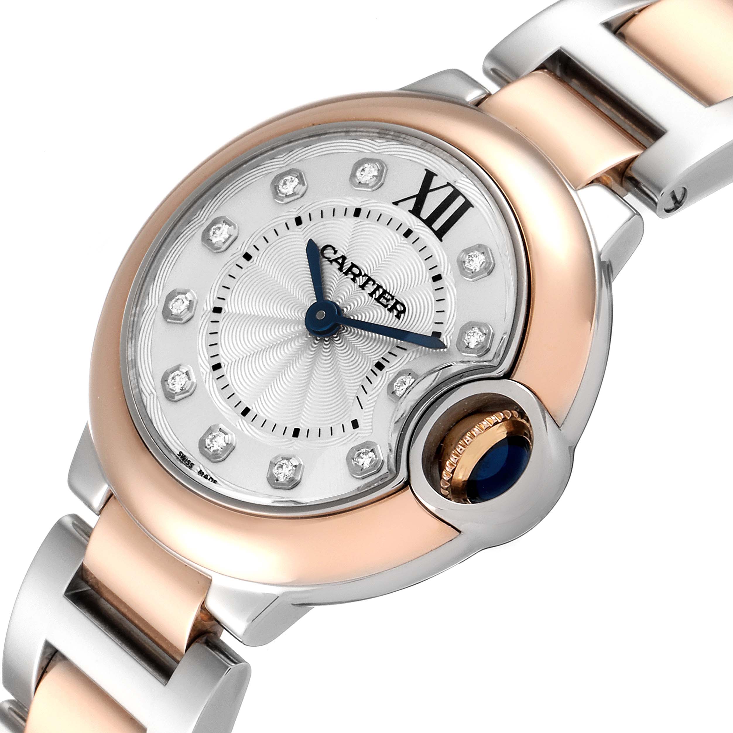 The image shows a close-up of the dial and part of the bracelet of a Cartier Ballon Bleu W3BB0005 Women's Steel and Gold (two tone) Silver Dial W3BB0005 Women's Steel and Gold (two tone) Silver Dial watch, angled slightly to the left.