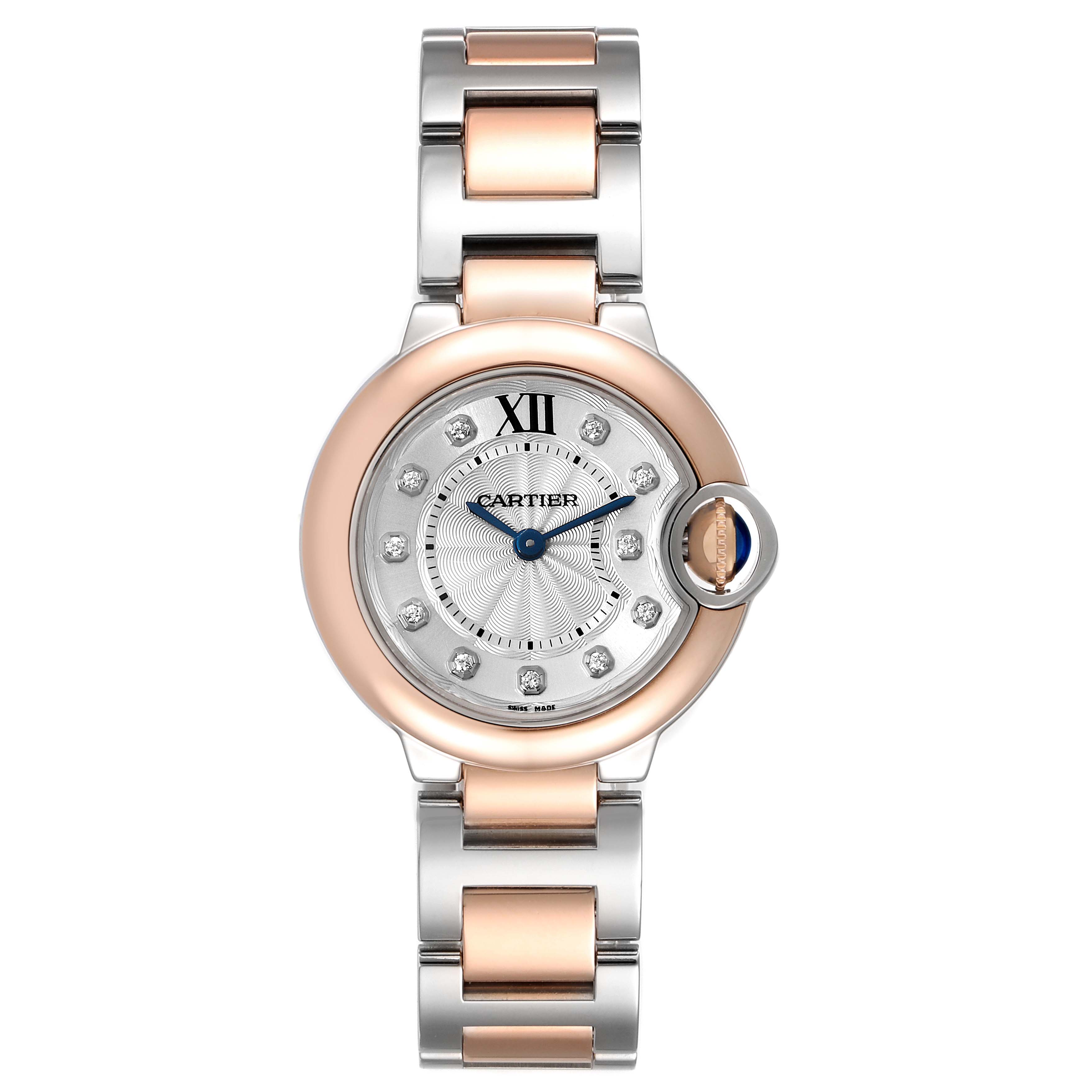 The image shows a Cartier Ballon Bleu W3BB0005 Women's Steel and Gold (two tone) Silver Dial W3BB0005 Women's Steel and Gold (two tone) Silver Dial watch from a front angle, displaying the face, bracelet, and crown.